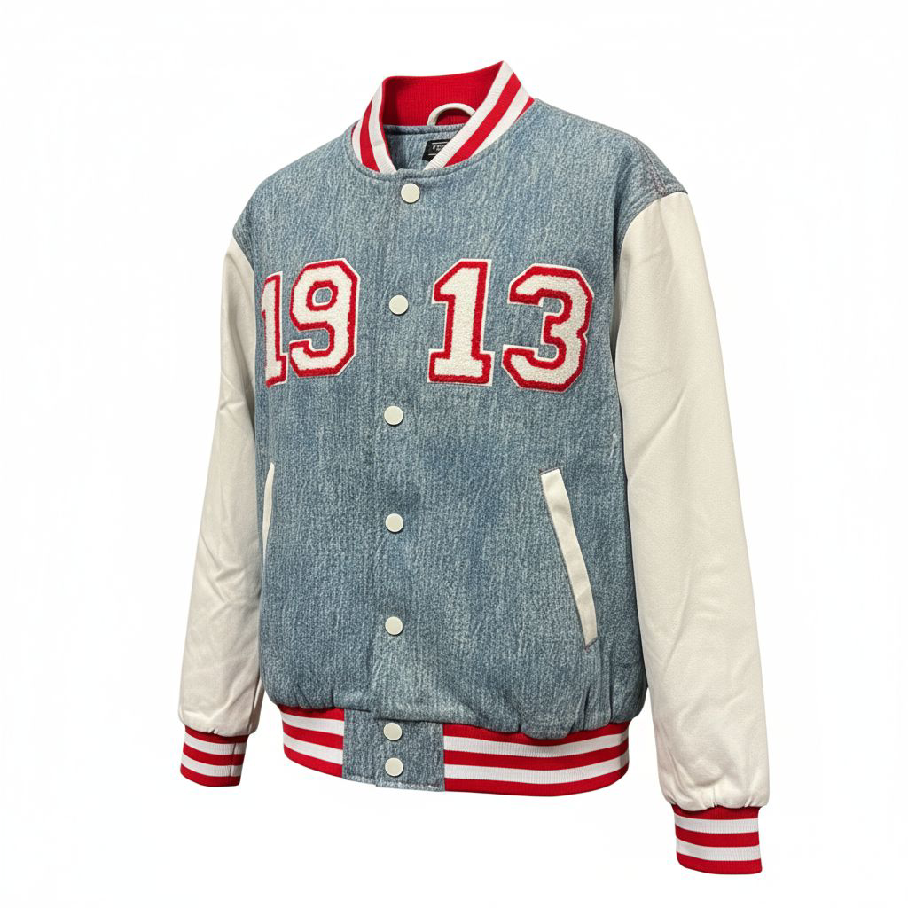 Denim letterman jacket with red and white accents on a white background