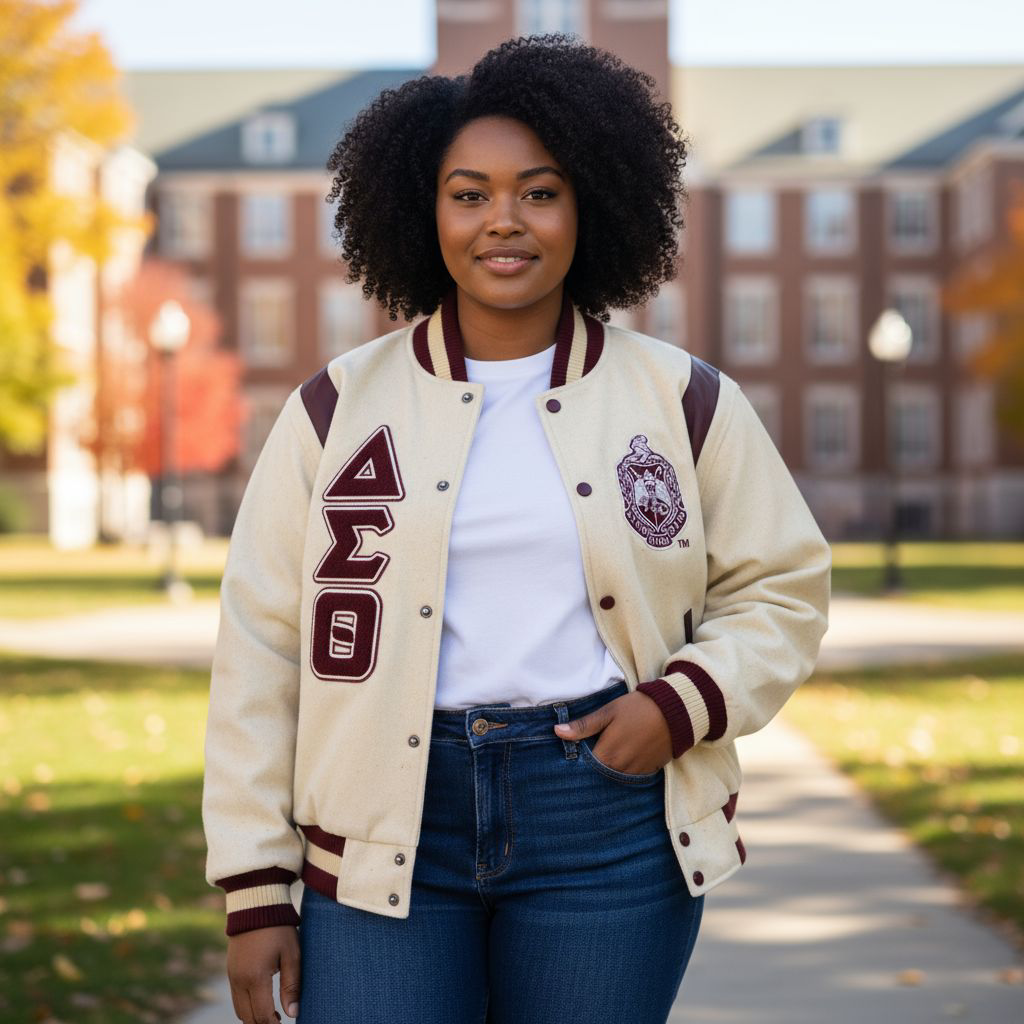 Delta Sigma Theta Letterman Jacket – Cream Cashmere Wool Body with Crimson Leather Shoulders and Custom Satin Lining
