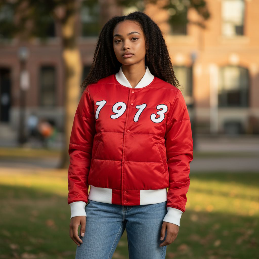 Delta Sigma Theta Puffer Coat – 1913 Nylon Bomber Jacket for Sorority Members and Greek Events