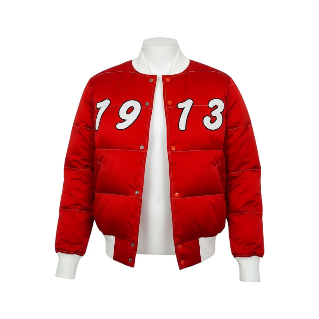 Red varsity jacket with numbers '19' and '13' on a white background