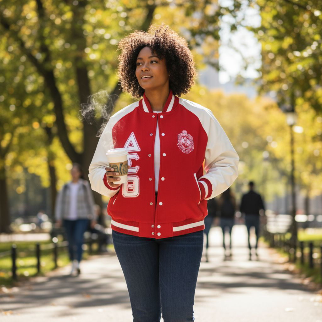 Delta Sigma Theta Premium Letterman Jacket – Red Wool and White Leather Sleeves with Ribbed Neck, Cuffs, and Waist