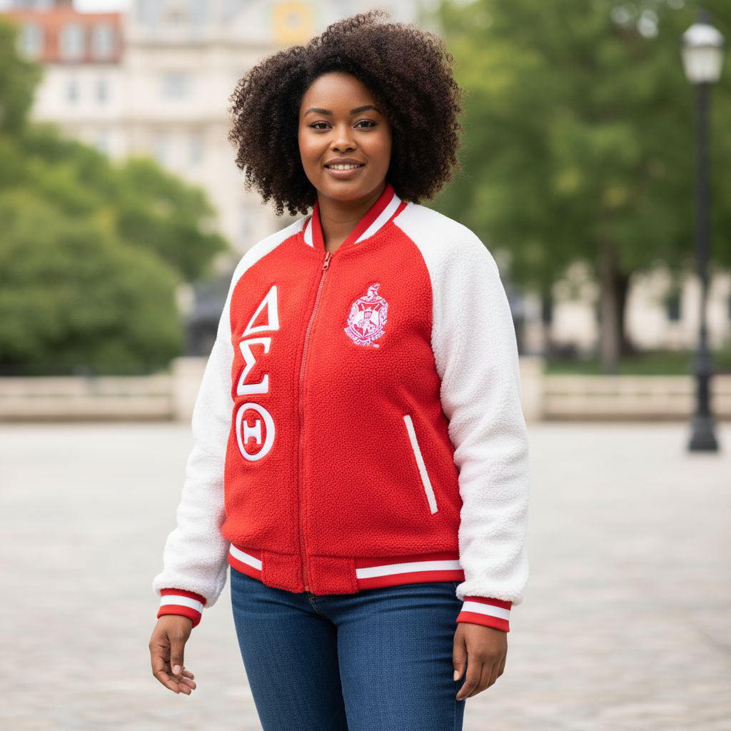 Delta Sigma Theta Greek Apparel – Reversible Sherpa Bomber Jacket with Embroidered Appliqué Design