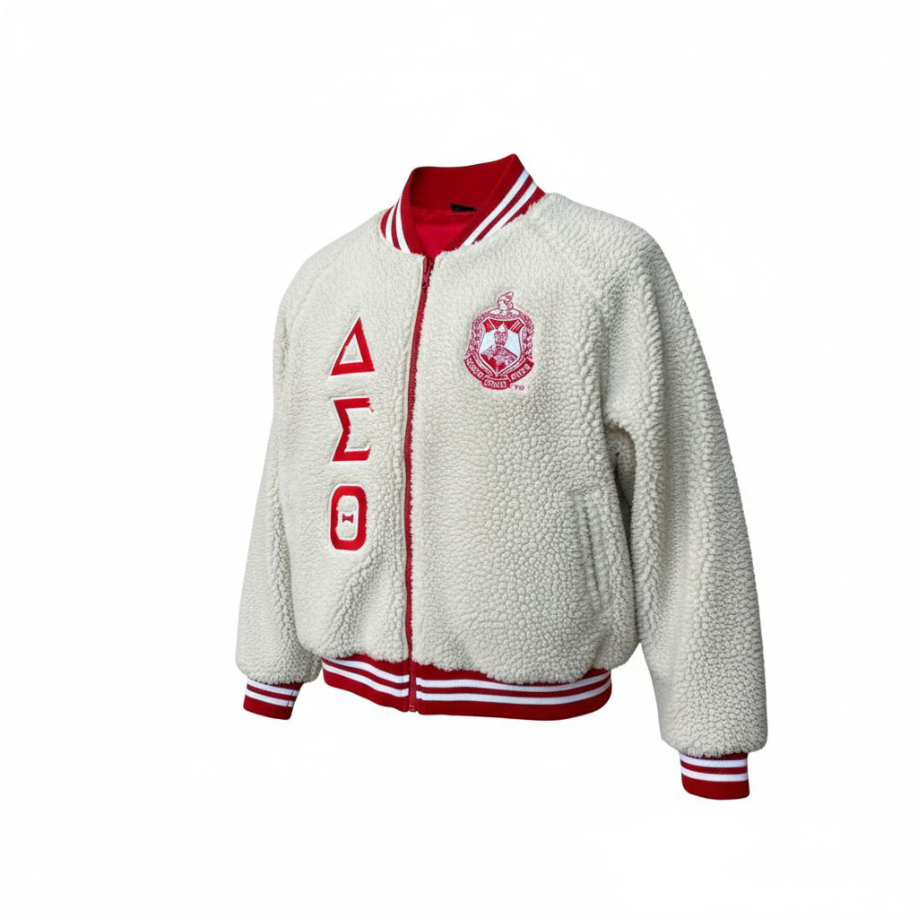 White fleece jacket with red trim featuring a logo and text on a white background