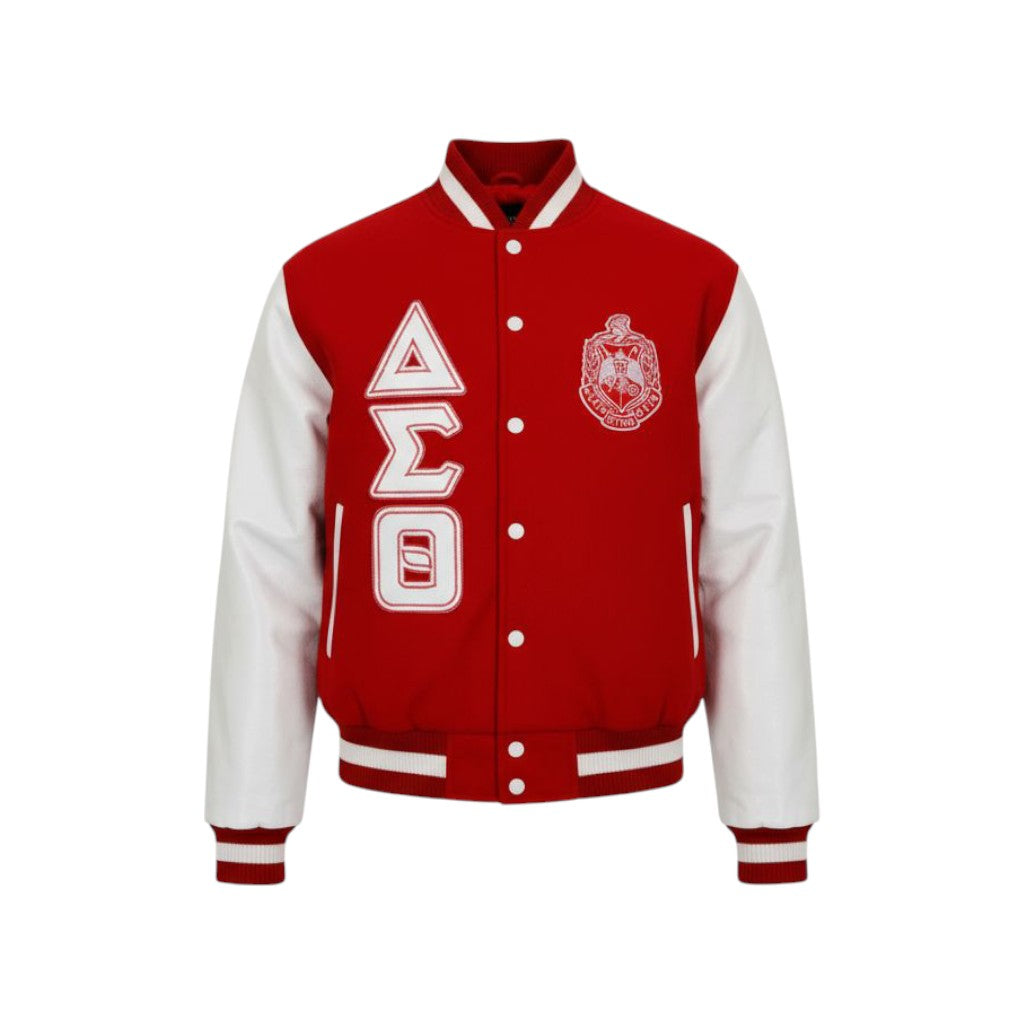 Red and white varsity jacket with Greek letters and emblem on a white background