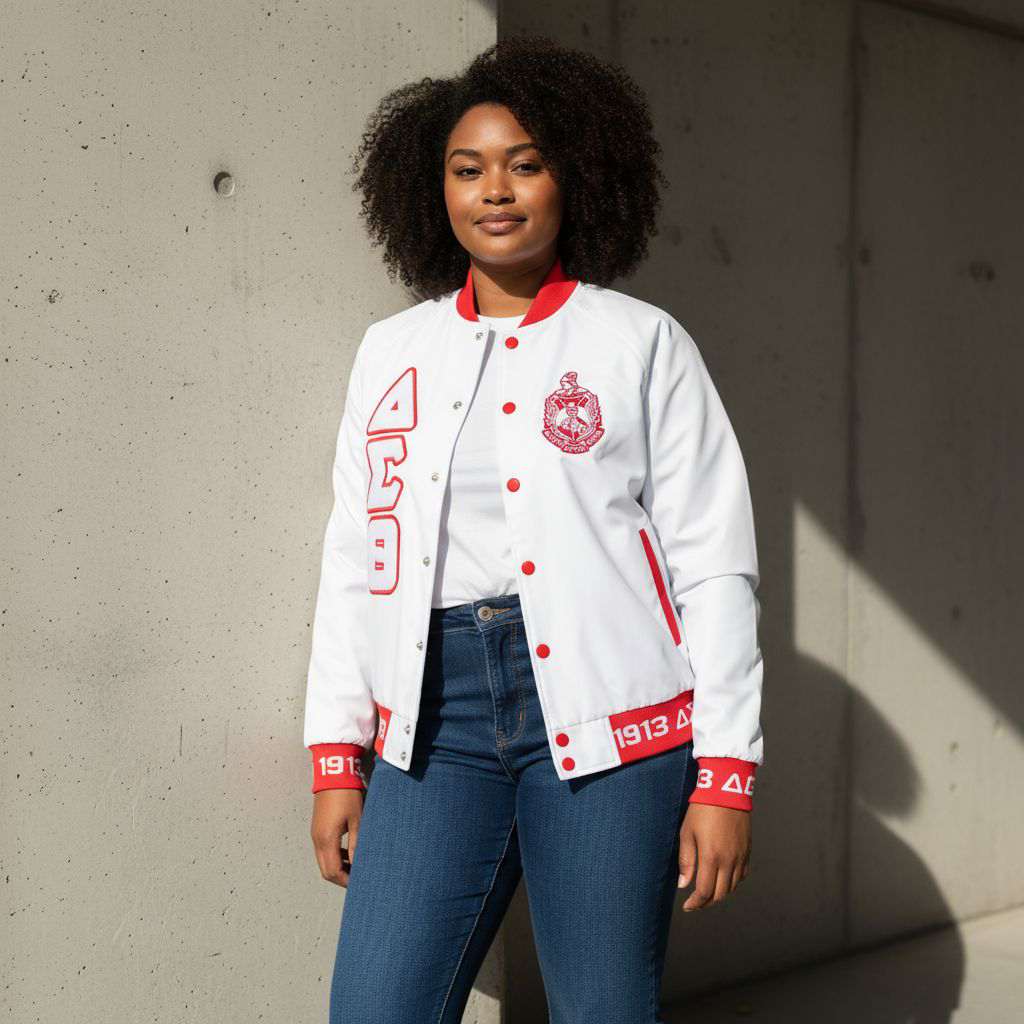White Delta Sigma Theta Satin Bomber Jacket – Greek Sorority Outerwear with Red Ribbing and 1913 Embroidery