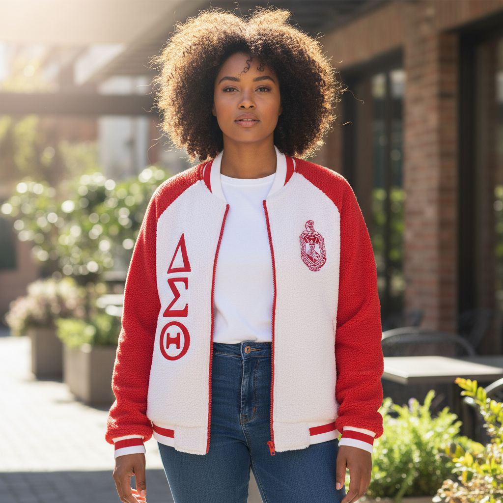 Delta Sigma Theta Sherpa Bomber Jacket – Reversible Red and White Greek Life Outerwear for Sorority Members