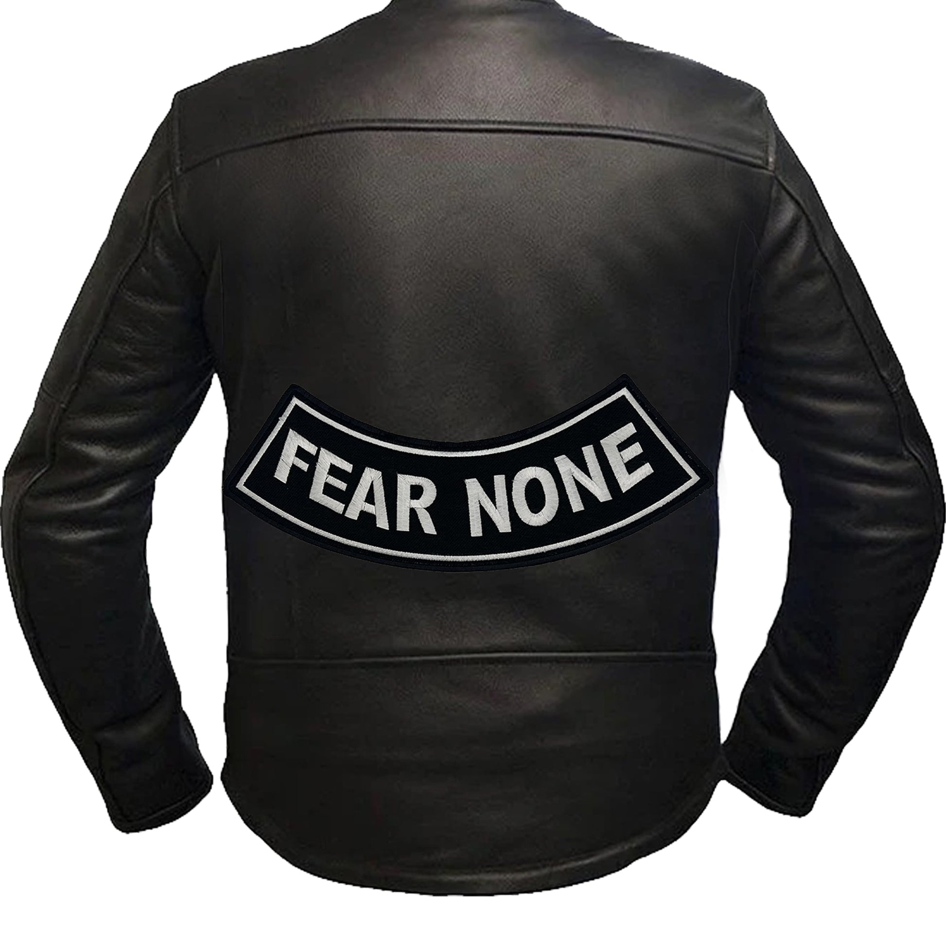 Fear None Bottom Rocker Patch - White on Black Iron On Sew On Large Back Patch for Biker Vest Jacket