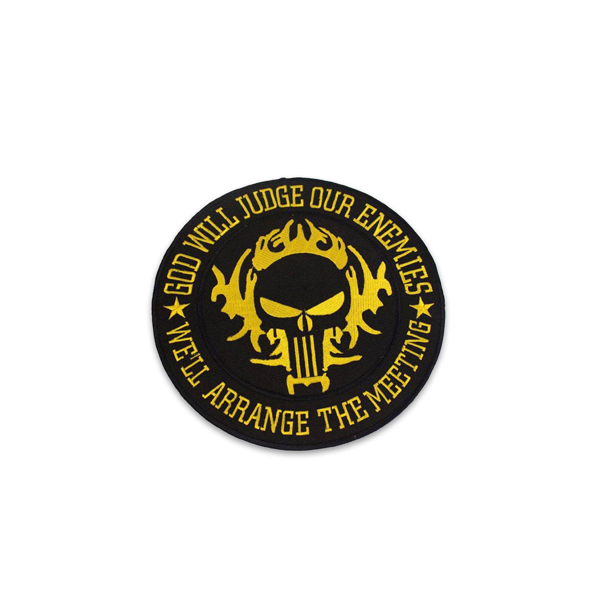God Will Judge Our Enemies Center Back Patch - Yellow Round Christian for Biker Vest Jacket