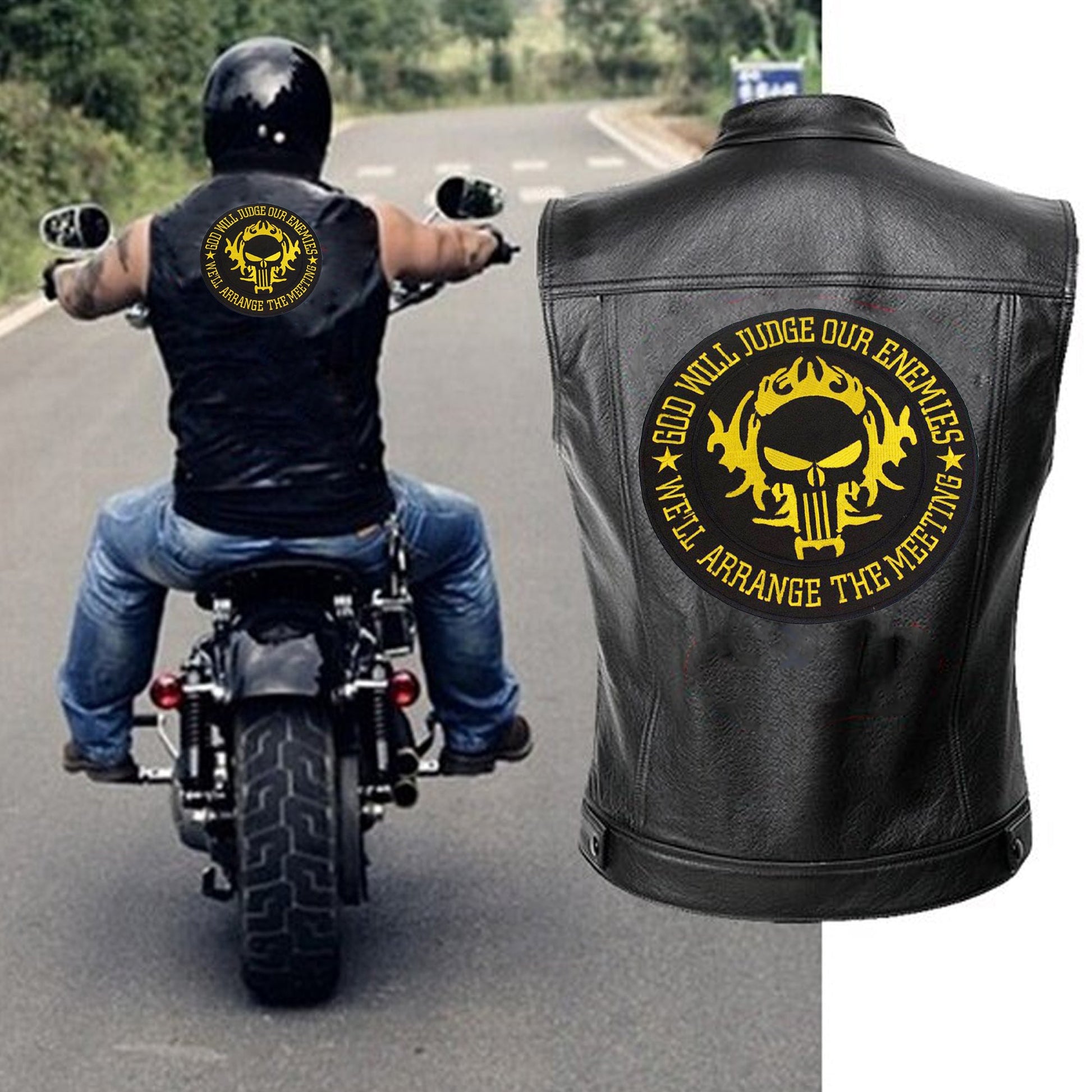 God Will Judge Our Enemies Center Back Patch - Yellow Round Christian for Biker Vest Jacket