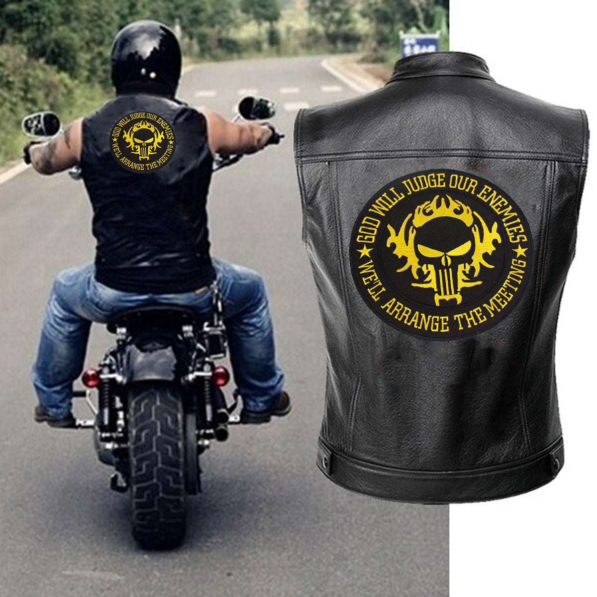 God Will Judge Our Enemies Center Back Patch - Yellow Round Christian for Biker Vest Jacket