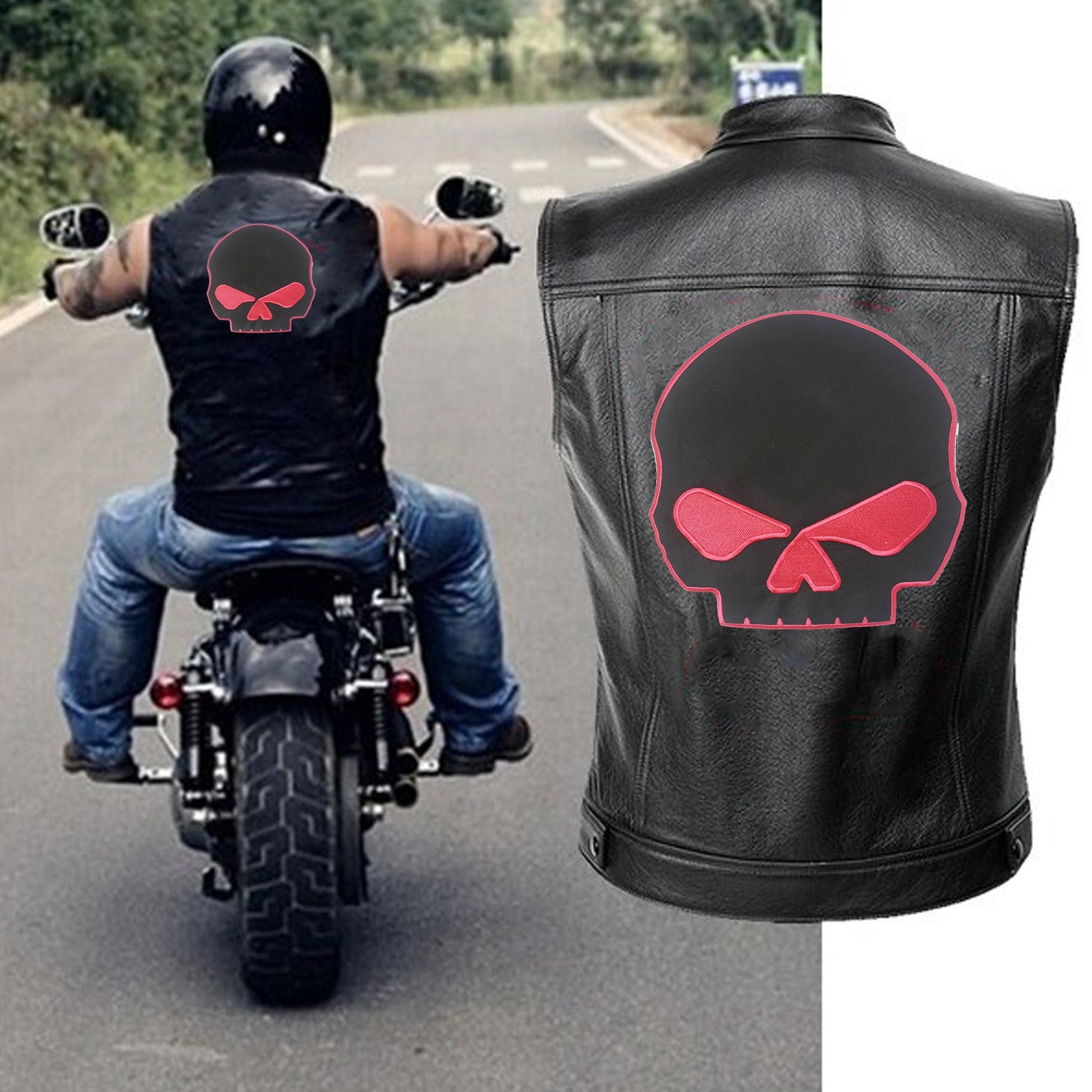 Half Skull Center Back Patch - Pink on Black for Biker Vest Jacket