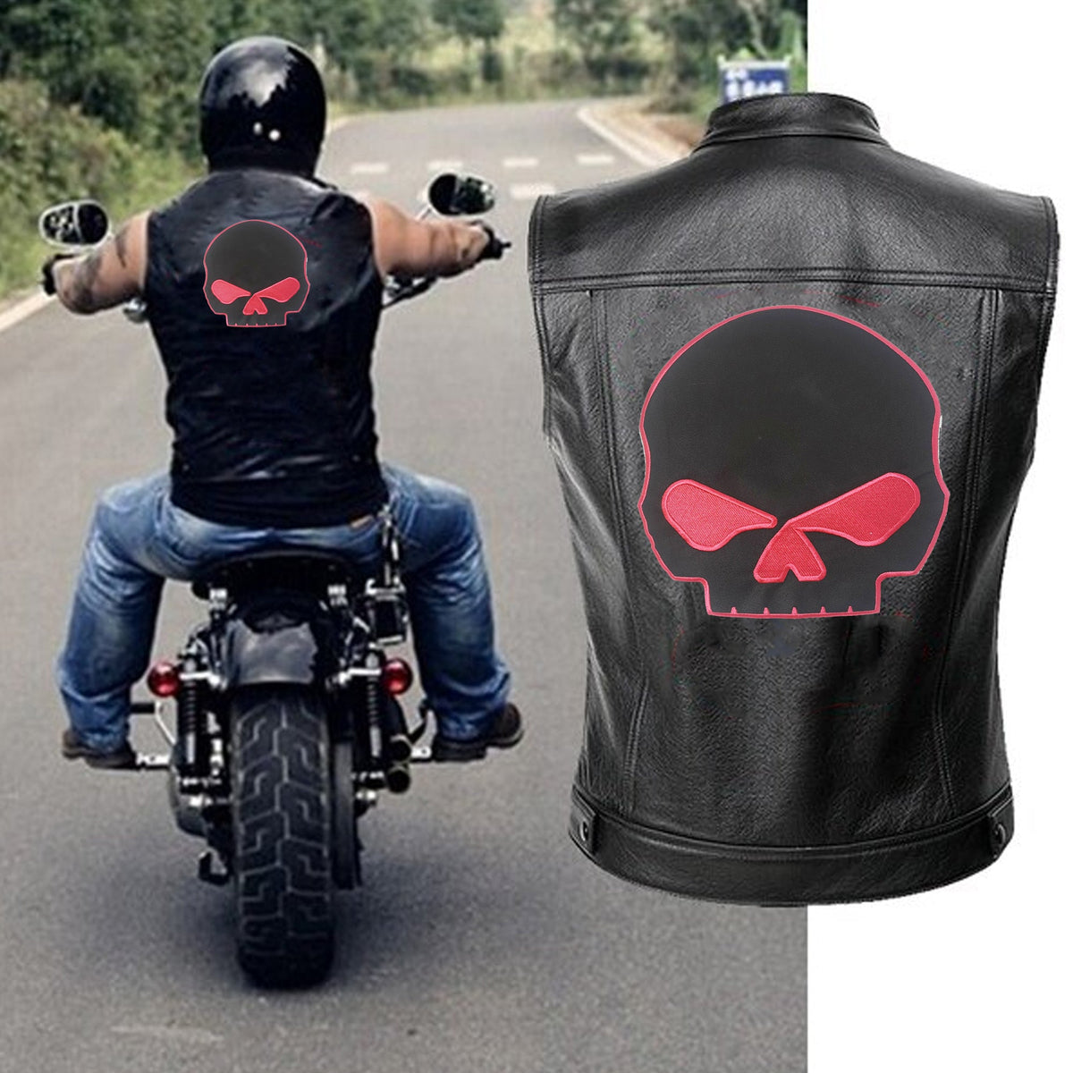 Half Skull Center Back Patch - Pink on Black for Biker Vest Jacket