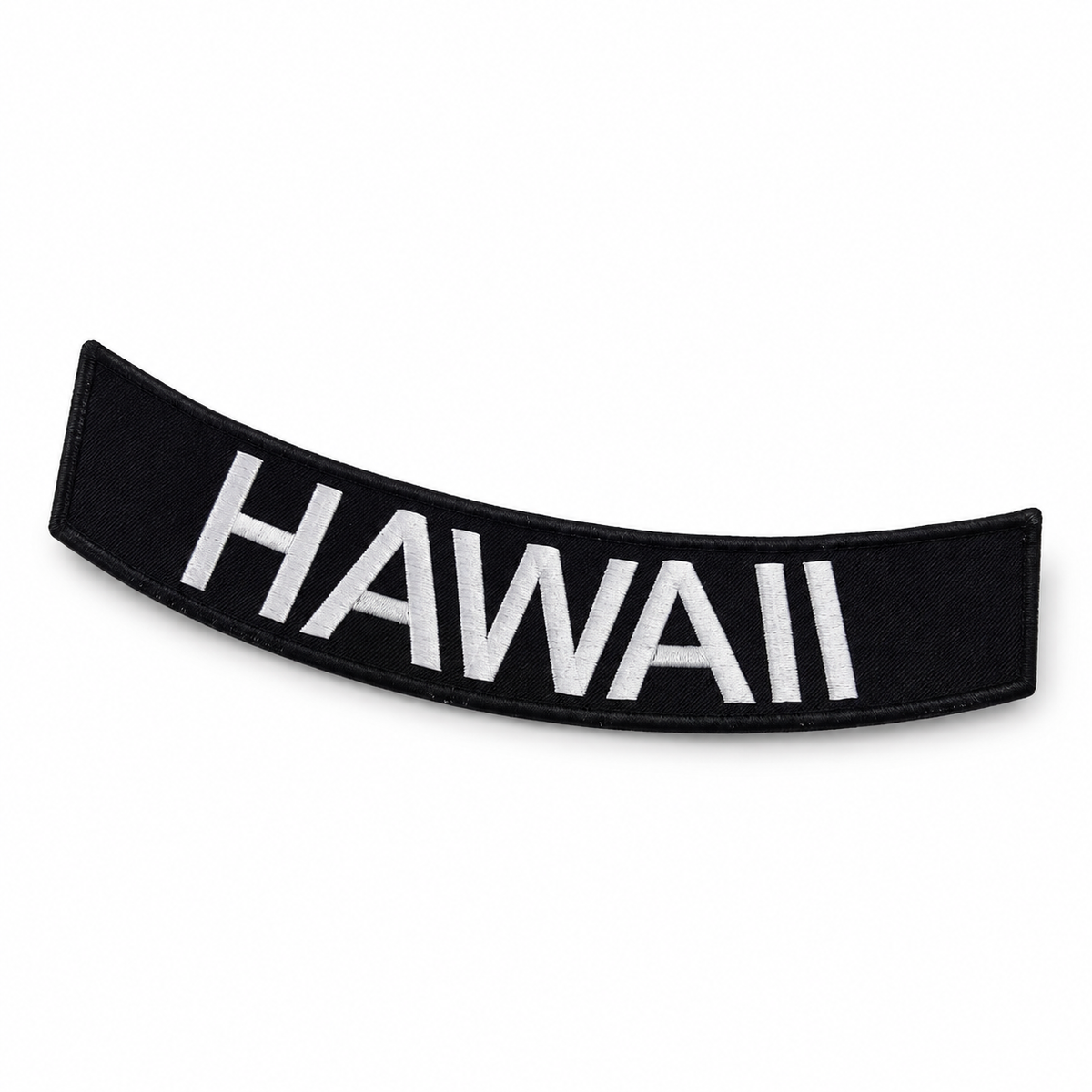 Hawaii Bottom Rocker Patch - White on Black Iron On Sew On Large Back Patch for Biker Vest Jacket — angled embroidery view