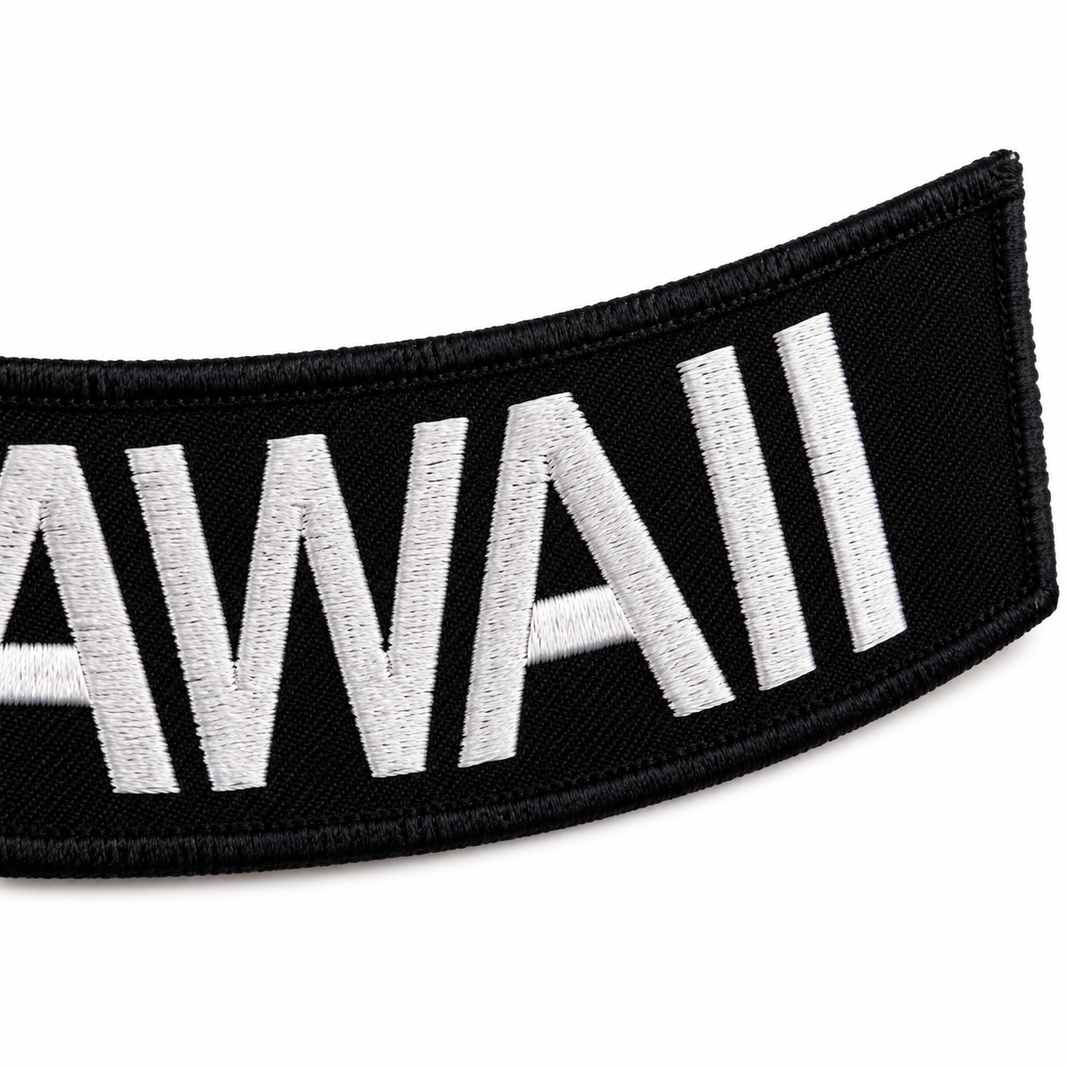 Hawaii Bottom Rocker Patch - White on Black Iron On Sew On Large Back Patch for Biker Vest Jacket — embroidered thread close-up