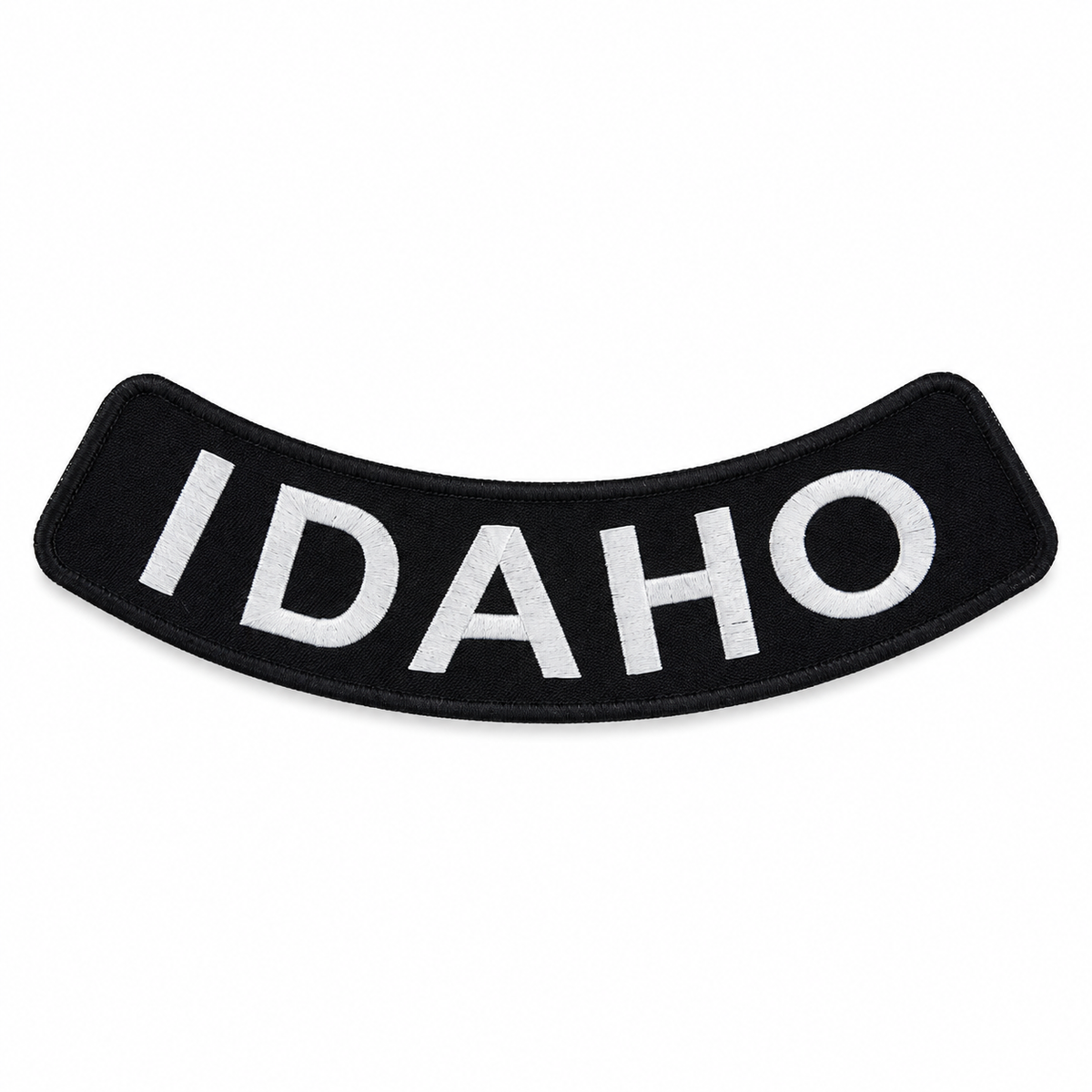 Idaho white on black embroidered bottom rocker patch — full patch front