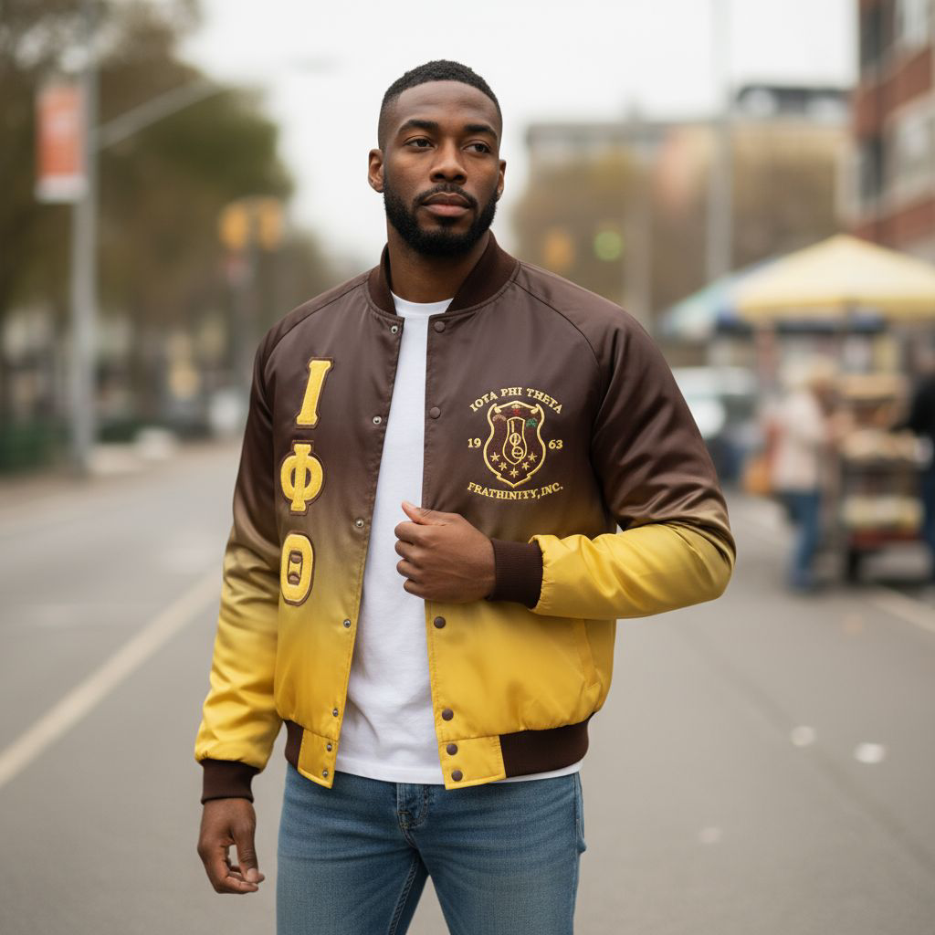 Full-length view of a model wearing the Brown and Yellow Gold Faded Iota Phi Theta Satin Bomber Jacket. The jacket features a smooth, lightweight satin exterior, a warm quilted lining, and a classic bomber silhouette with a comfortable unisex fit.