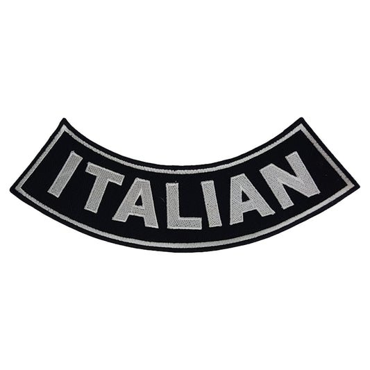 Italian Bottom Rocker Patch - White on Black Iron On Sew On Large Back Patch for Biker Vest Jacket
