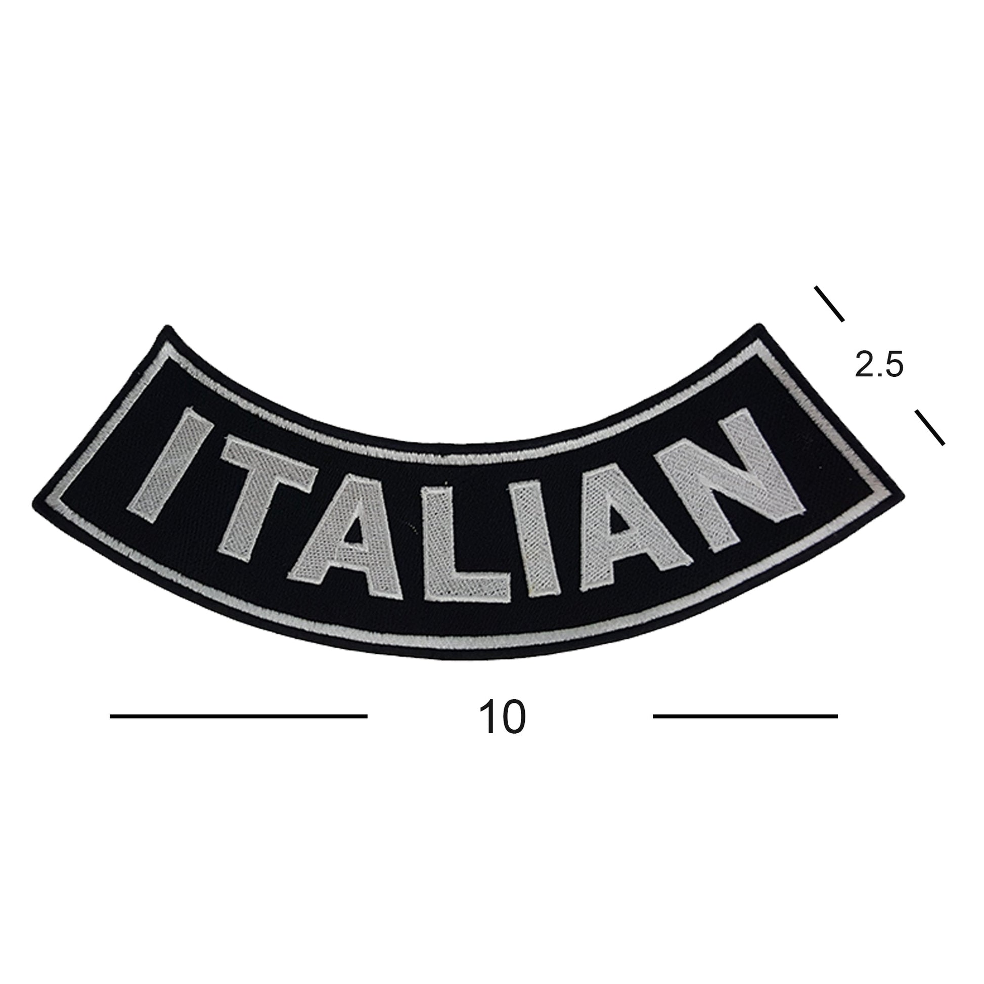 Italian Bottom Rocker Patch - White on Black Iron On Sew On Large Back Patch for Biker Vest Jacket
