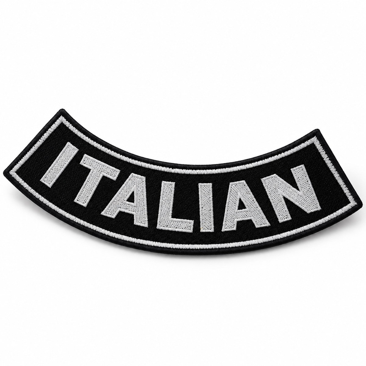 Italian Bottom Rocker Patch - White on Black Iron On Sew On Large Back Patch for Biker Vest Jacket — angled embroidery view