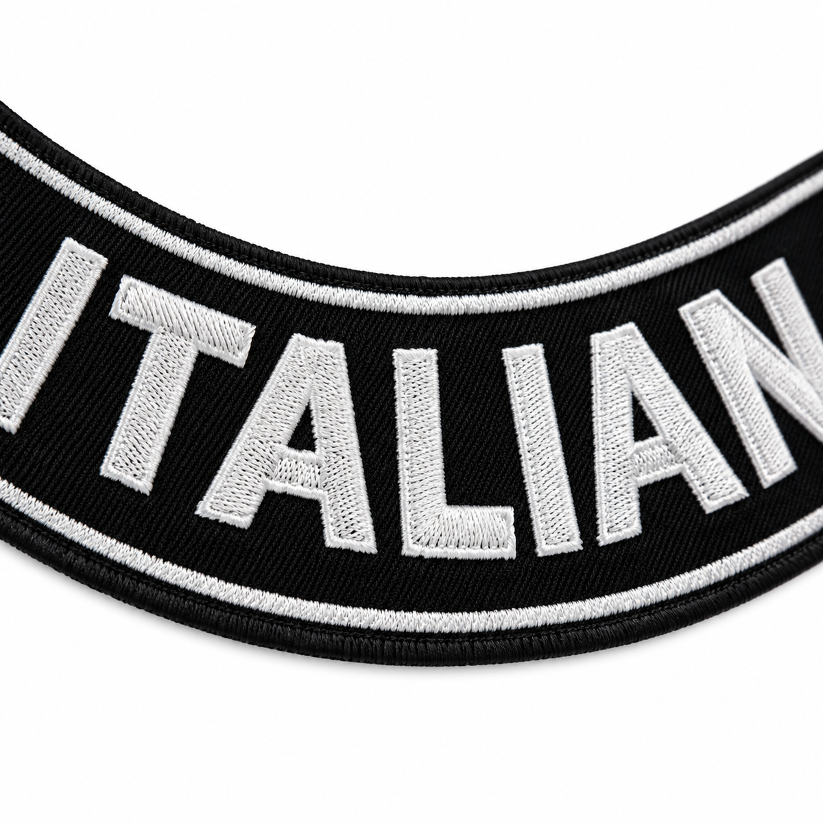Italian Bottom Rocker Patch - White on Black Iron On Sew On Large Back Patch for Biker Vest Jacket — embroidered thread close-up