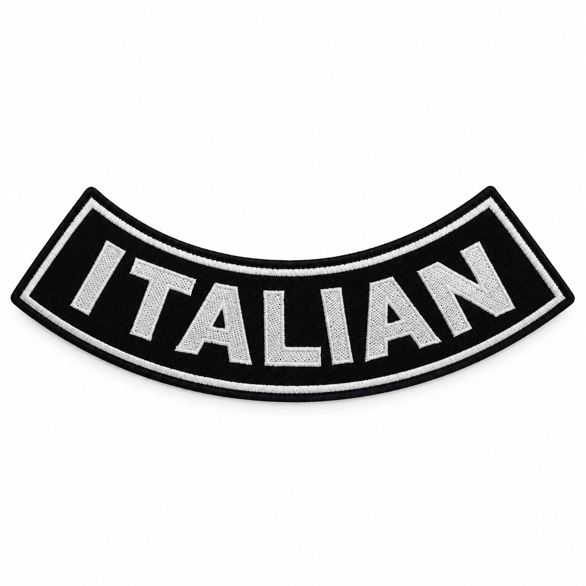 Italian Bottom Rocker Patch - White on Black Iron On Sew On Large Back Patch for Biker Vest Jacket — full patch front view