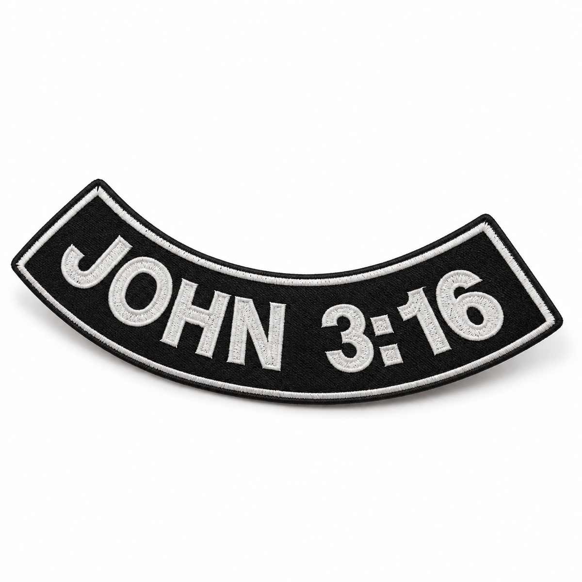 John 3:16 Bottom Rocker Patch – White on Black — angled embroidery view