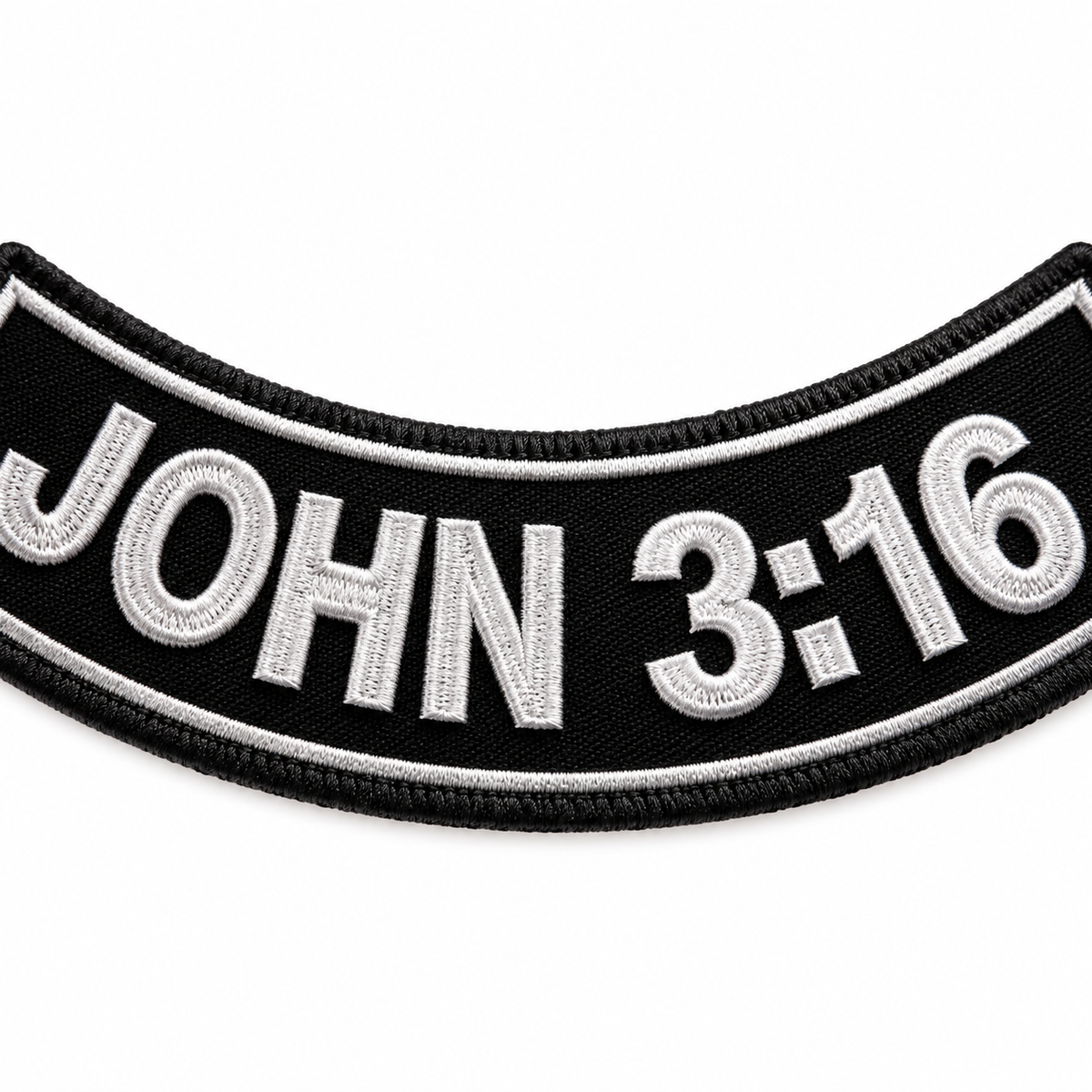 John 3:16 Bottom Rocker Patch – White on Black — embroidered thread close-up