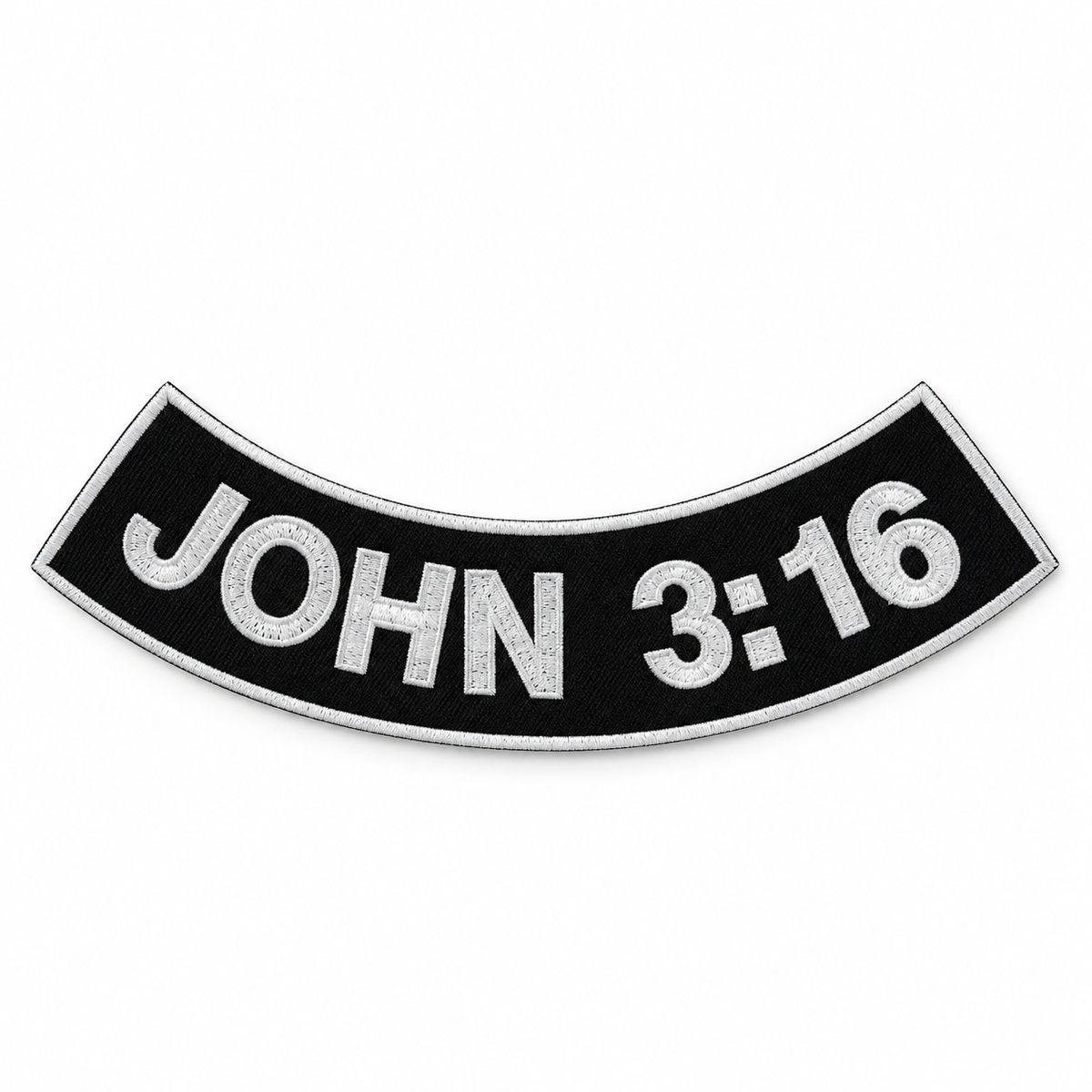 John 3:16 Bottom Rocker Patch – White on Black — full patch front view