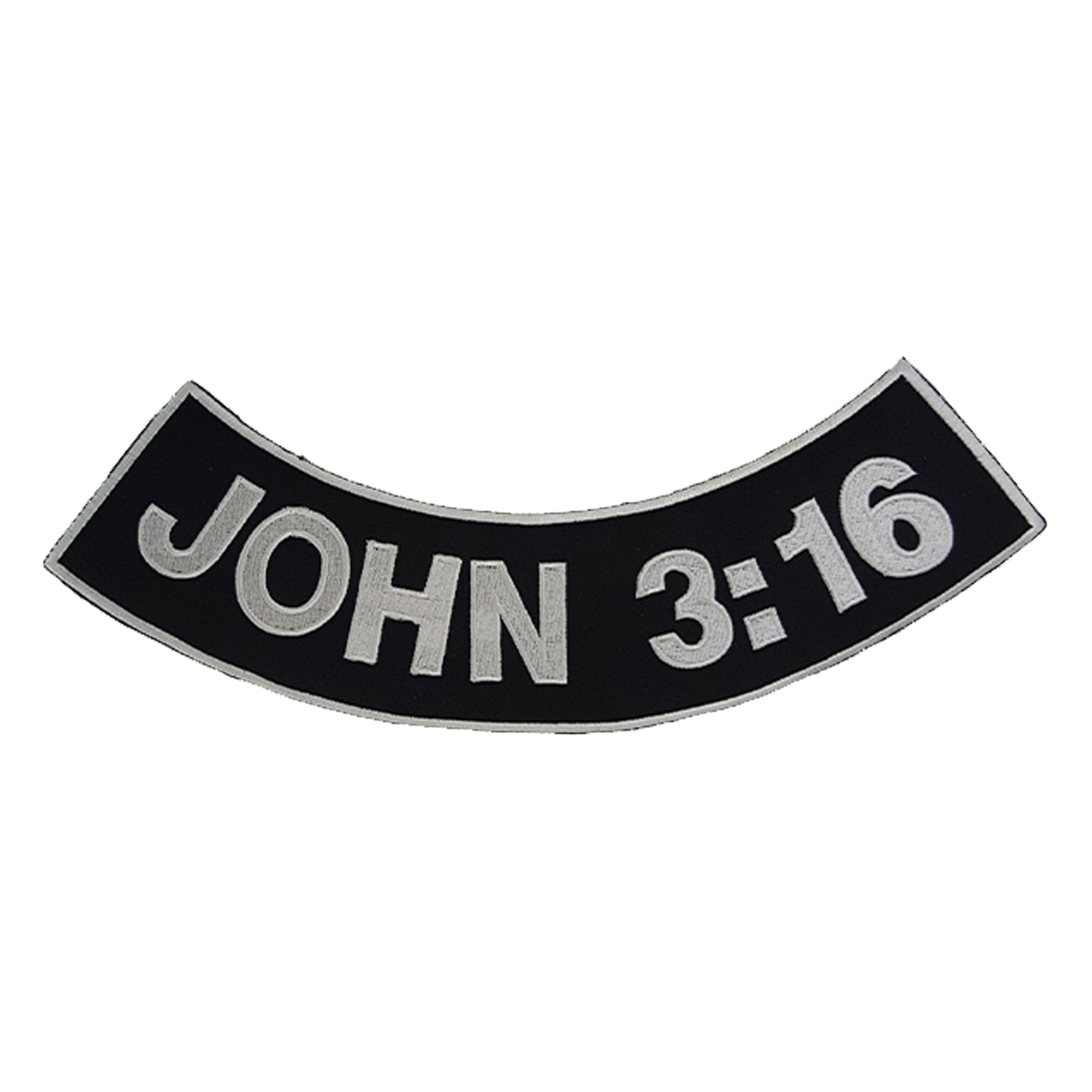 John 3:16 Bottom Rocker Patch - White on Black Iron On Sew On Large Back Patch Christian Biker Vest Jacket