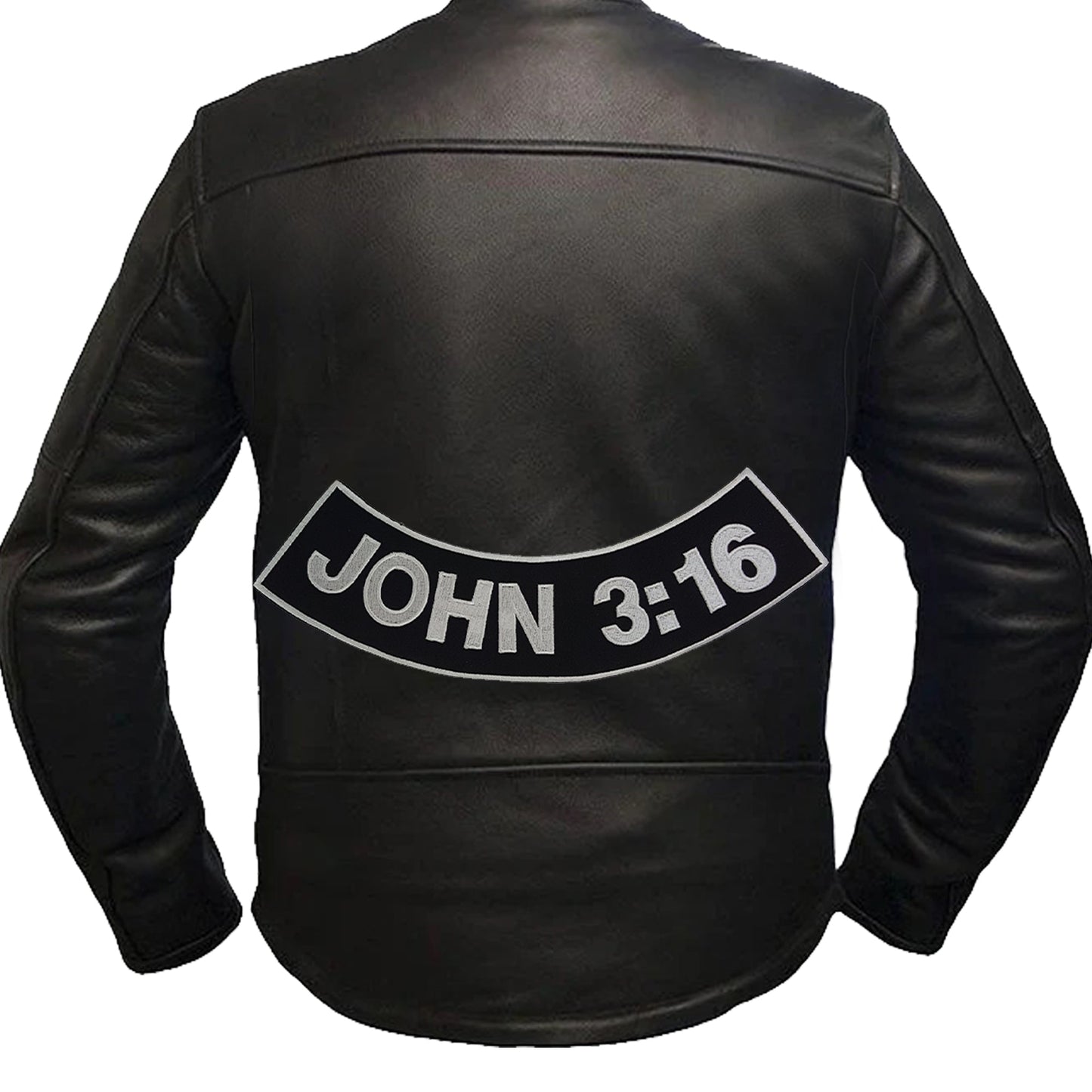John 3:16 Bottom Rocker Patch - White on Black Iron On Sew On Large Back Patch Christian Biker Vest Jacket