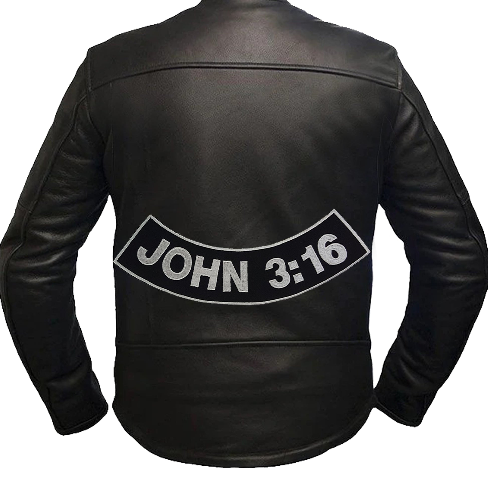 John 3:16 Bottom Rocker Patch - White on Black Iron On Sew On Large Back Patch Christian Biker Vest Jacket