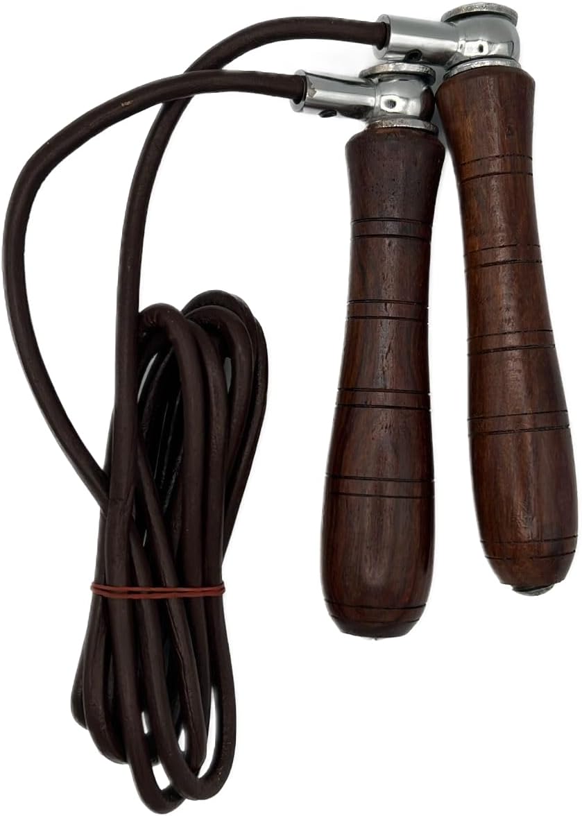Jump Rope Leather Brown Wood Handle - Genuine Cowhide Adjustable Workout Skipping Rope for Women Men Kids
