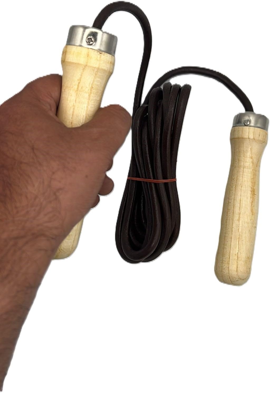 Jump Rope Leather Light Yellow Wood Handle - Genuine Cowhide Adjustable Workout Skipping Rope for Women Men Kids