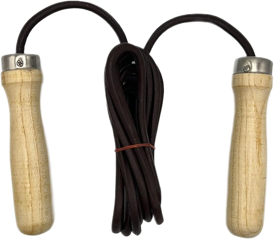 Jump Rope Leather Light Yellow Wood Handle - Genuine Cowhide Adjustable Workout Skipping Rope for Women Men Kids