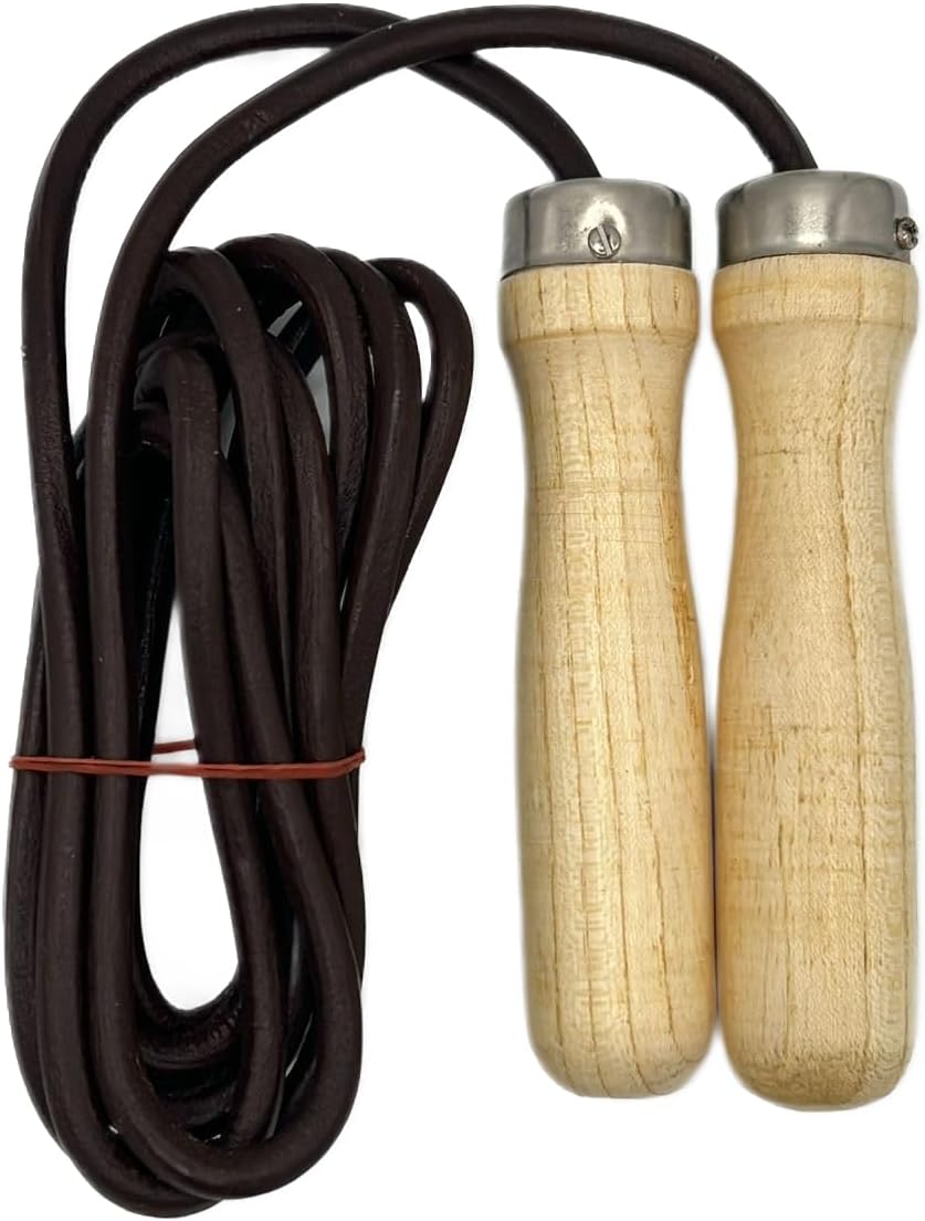 Jump Rope Leather Light Yellow Wood Handle - Genuine Cowhide Adjustable Workout Skipping Rope for Women Men Kids