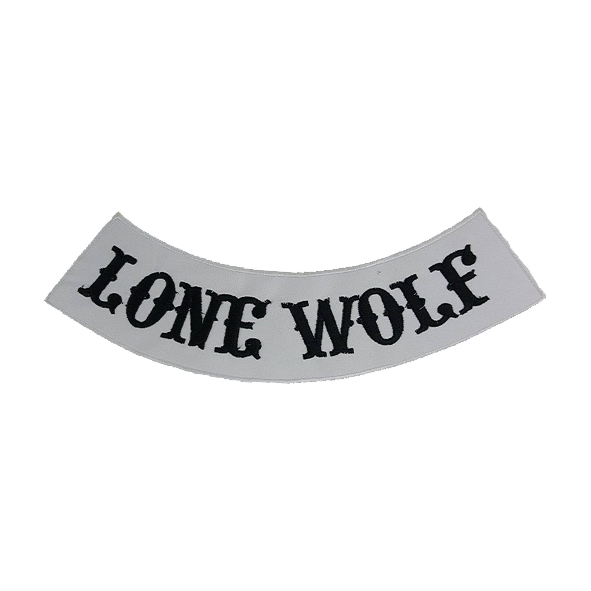 Lone Wolf Bottom Rocker Patch - Black on White Iron On Sew On Large Back Patch for Biker Vest Jacket