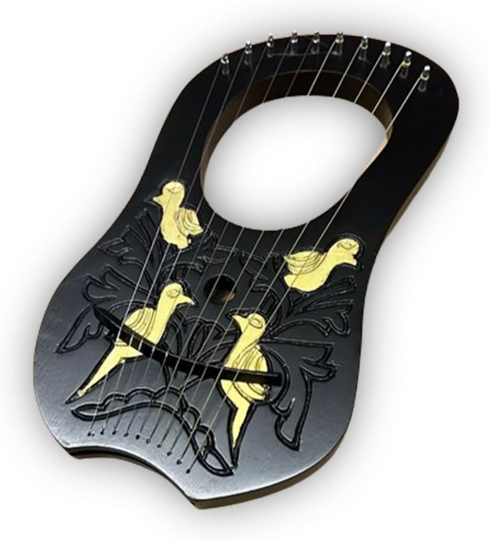 Lyre Harp 10 String Black Mahogany - Gold Bird Celtic Irish Engraved w/ Tuner & Extra Strings
