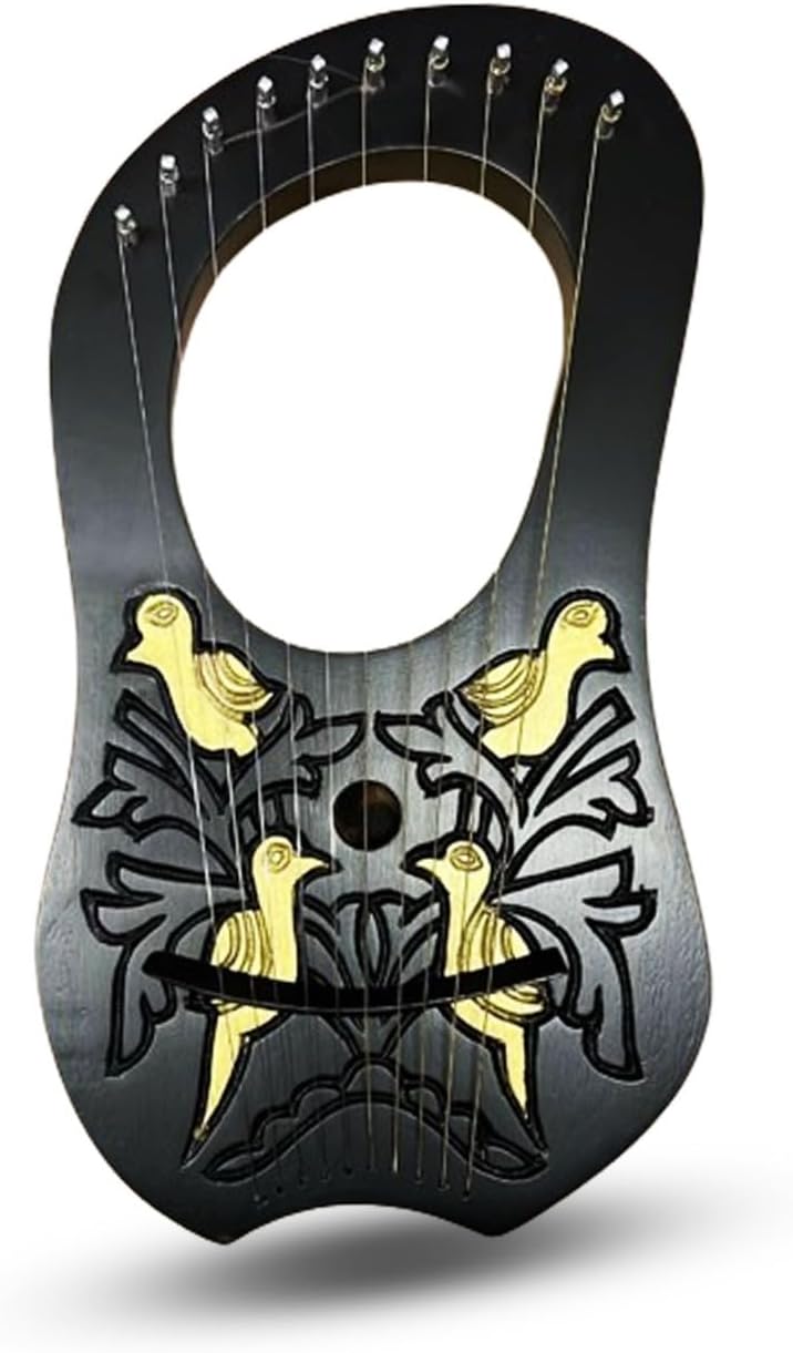 Lyre Harp 10 String Black Mahogany - Gold Bird Celtic Irish Engraved w/ Tuner & Extra Strings