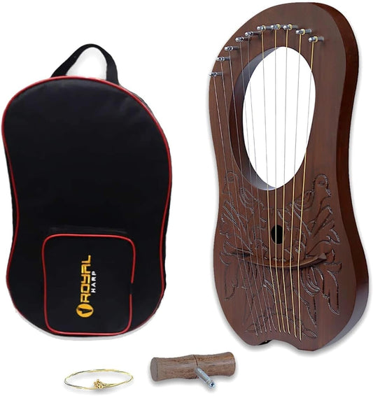Lyre Harp 10 String Brown Mahogany - Bird Celtic Irish Engraved w/ Tuner & Strings