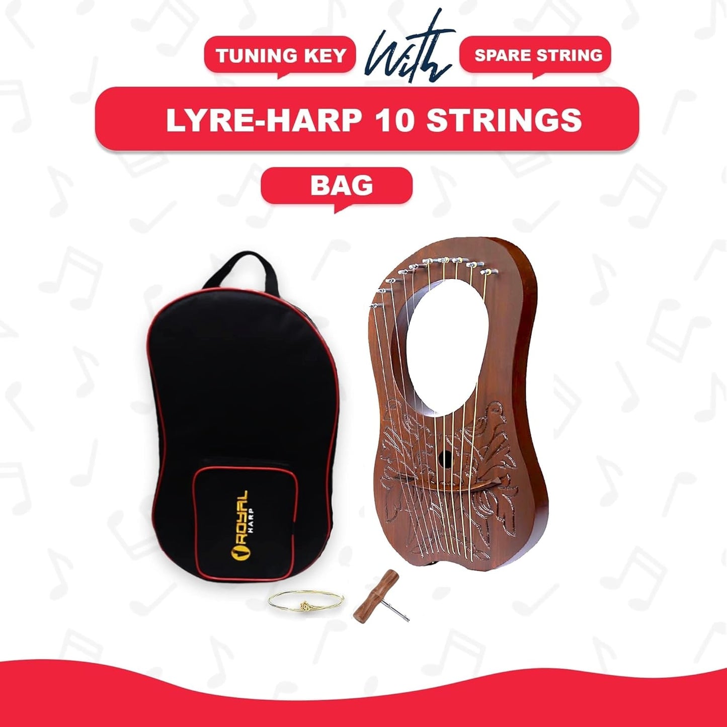 Lyre Harp 10 String Brown Mahogany - Bird Celtic Irish Engraved w/ Tuner & Strings