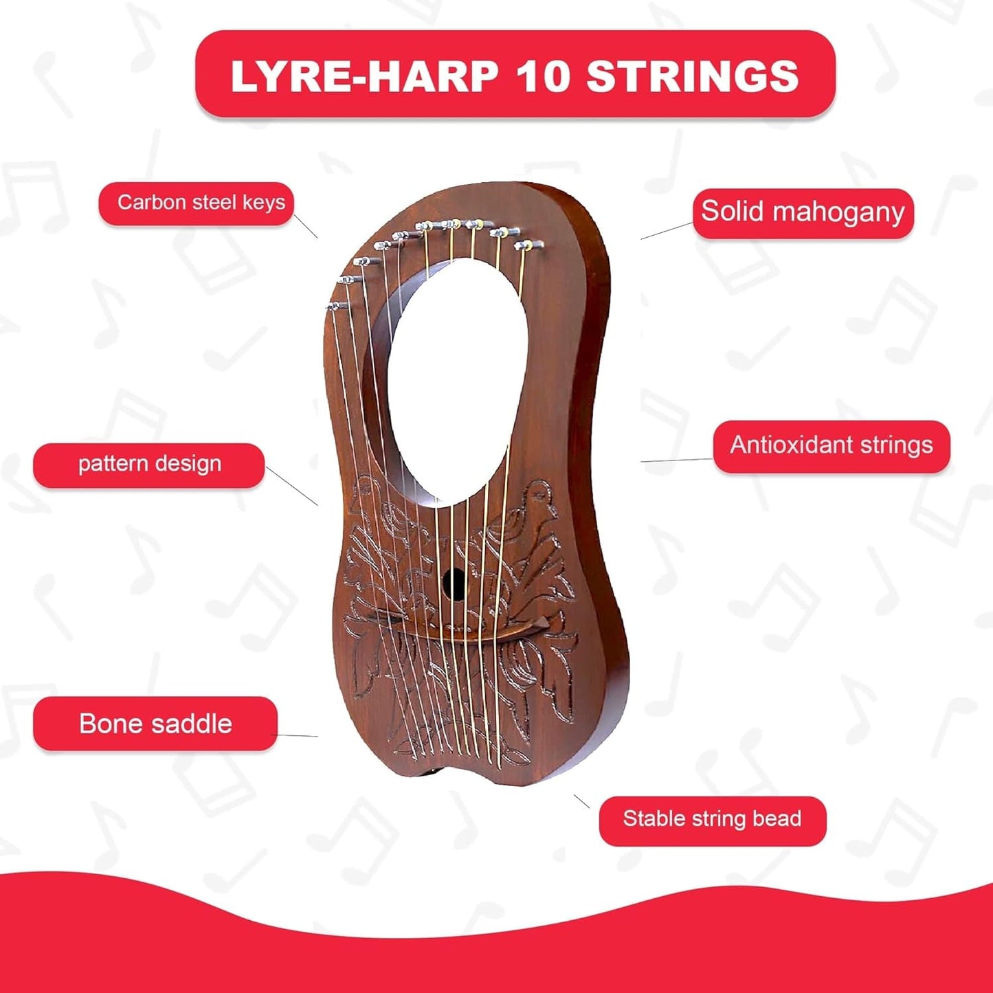 Lyre Harp 10 String Brown Mahogany - Bird Celtic Irish Engraved w/ Tuner & Strings