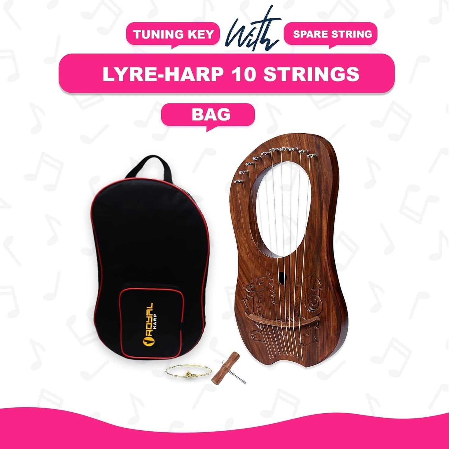 Lyre Harp 10 String Brown Mahogany - Dragon Engraved Beginner Kit w/ Tuner & Strings