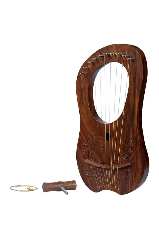 Lyre Harp 10 String Brown Mahogany - Dragon Engraved Beginner Kit w/ Tuner & Strings