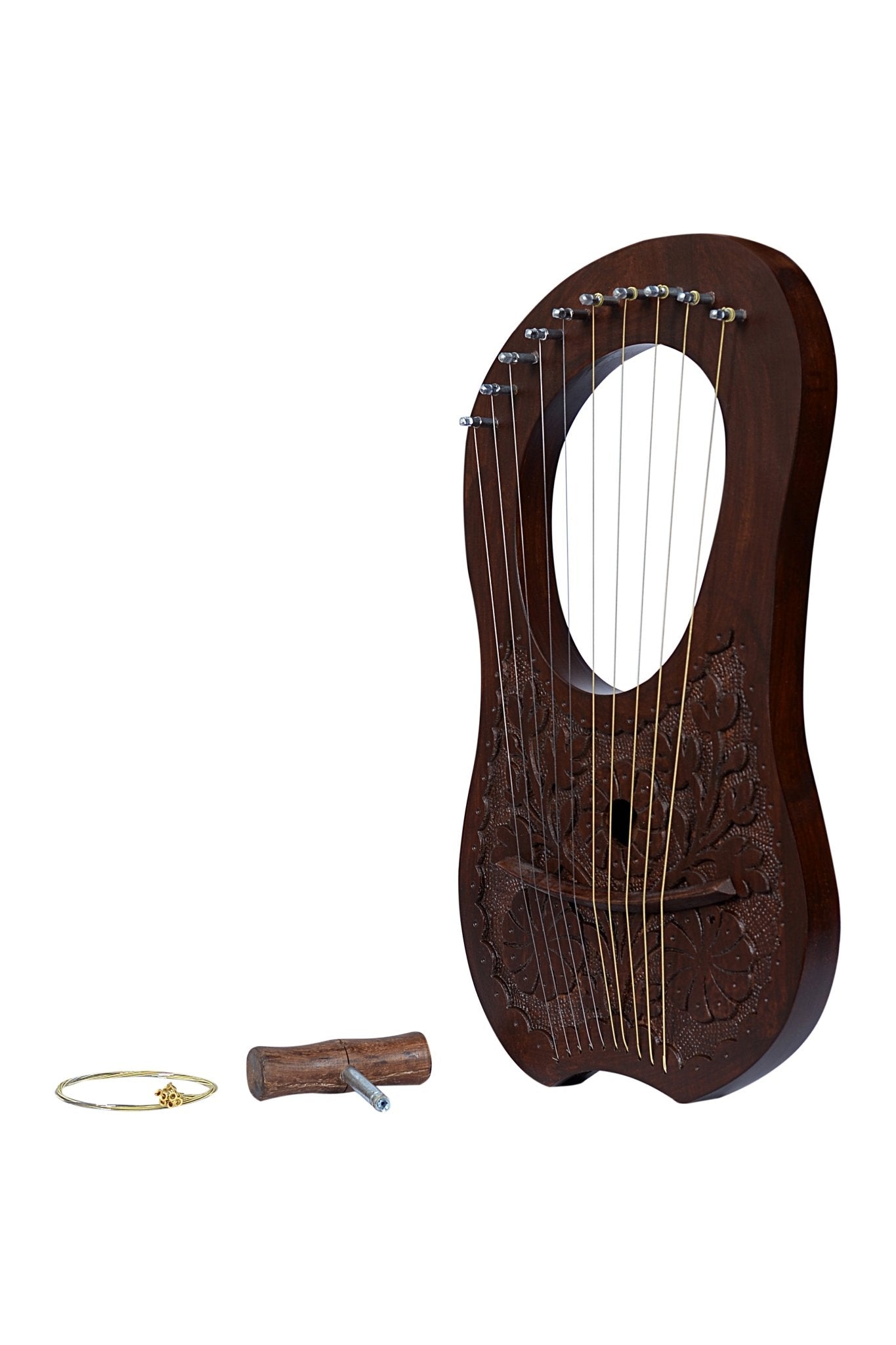 Lyre Harp 10 String Brown Mahogany - Flower Celtic Engraved w/ Tuner & Extra Strings