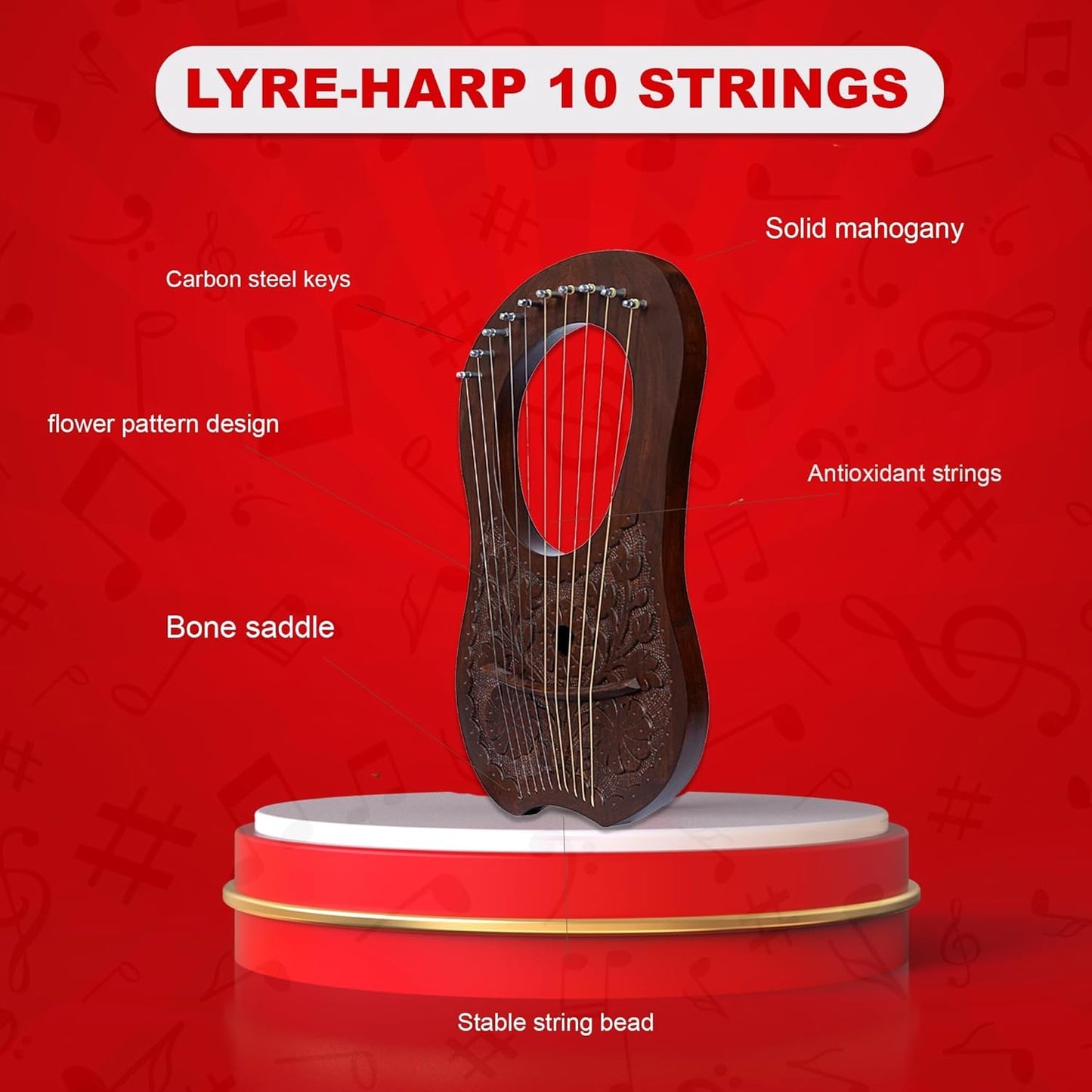 Lyre Harp 10 String Brown Mahogany - Flower Celtic Engraved w/ Tuner & Extra Strings