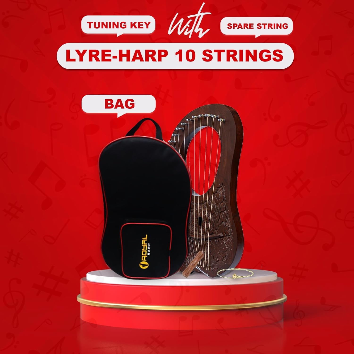 Lyre Harp 10 String Brown Mahogany - Flower Celtic Engraved w/ Tuner & Extra Strings