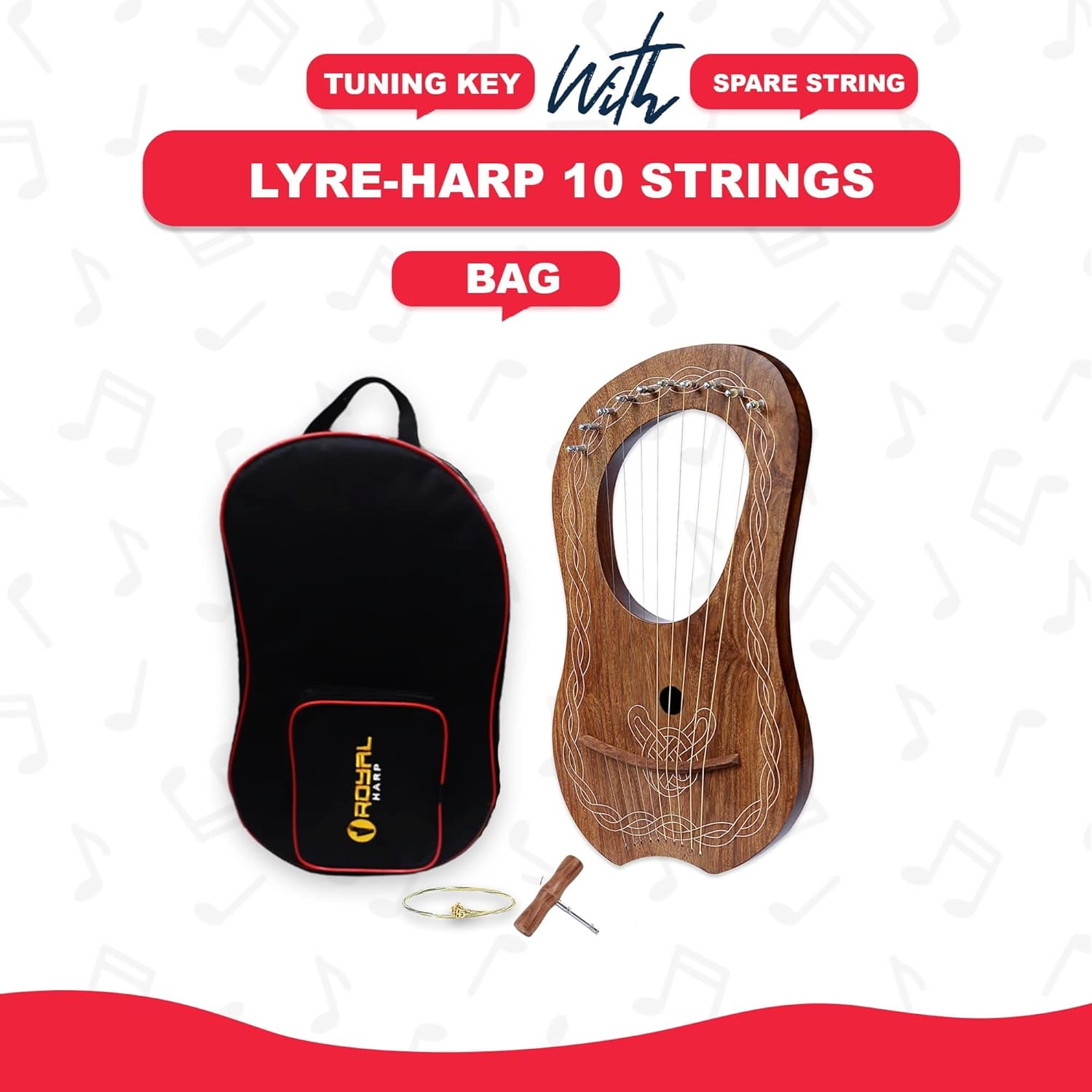 Lyre Harp 10 String Brown Mahogany - White Chain Design Beginner Kit w/ Tuner & Strings