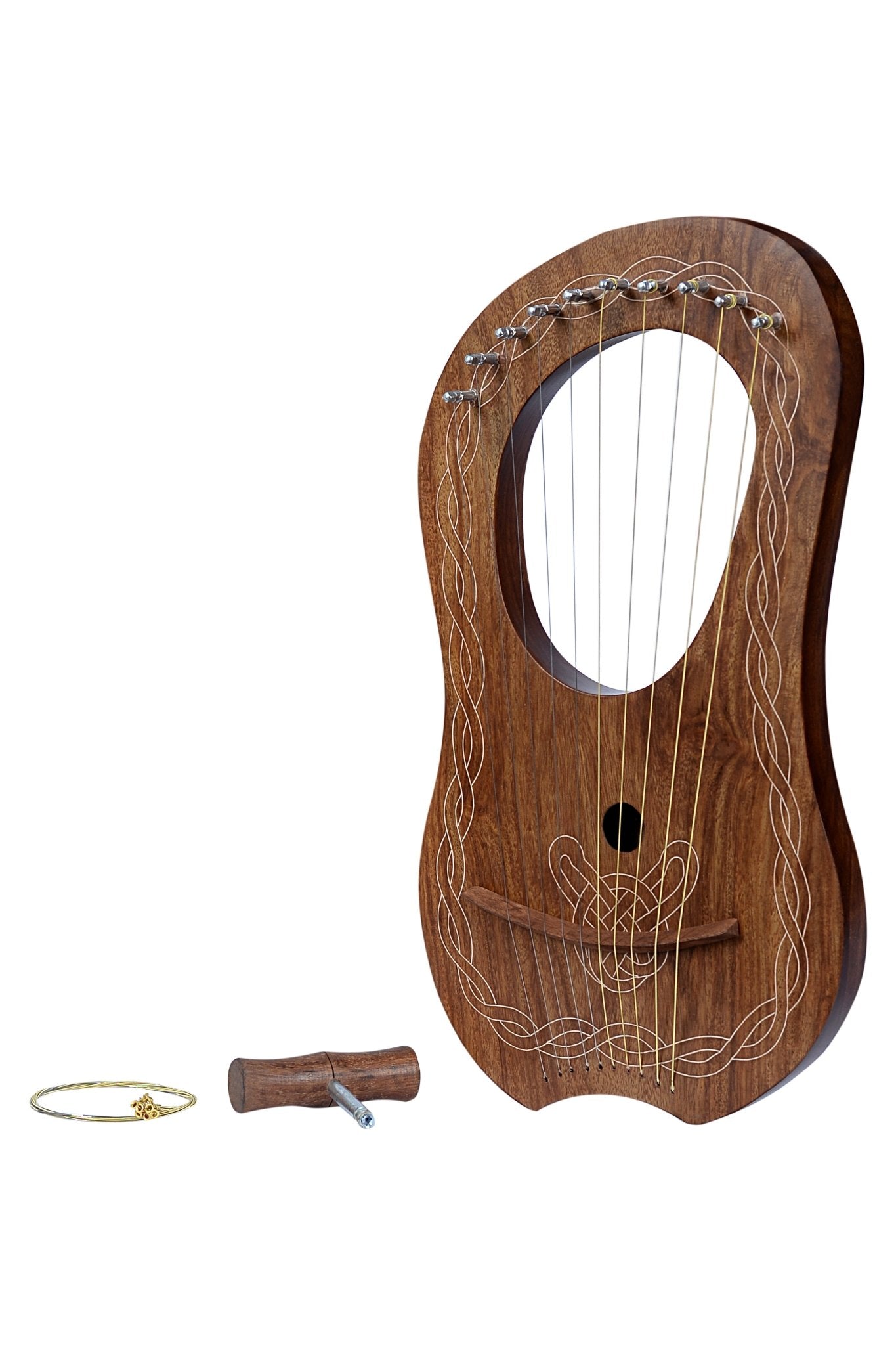 Lyre Harp 10 String Brown Mahogany - White Chain Design Beginner Kit w/ Tuner & Strings
