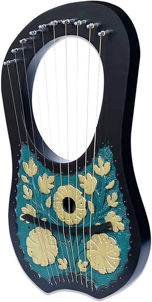 Lyre Harp 10 String Dark Turquoise - Gold Flowers Celtic Engraved w/ Tuner & Strings