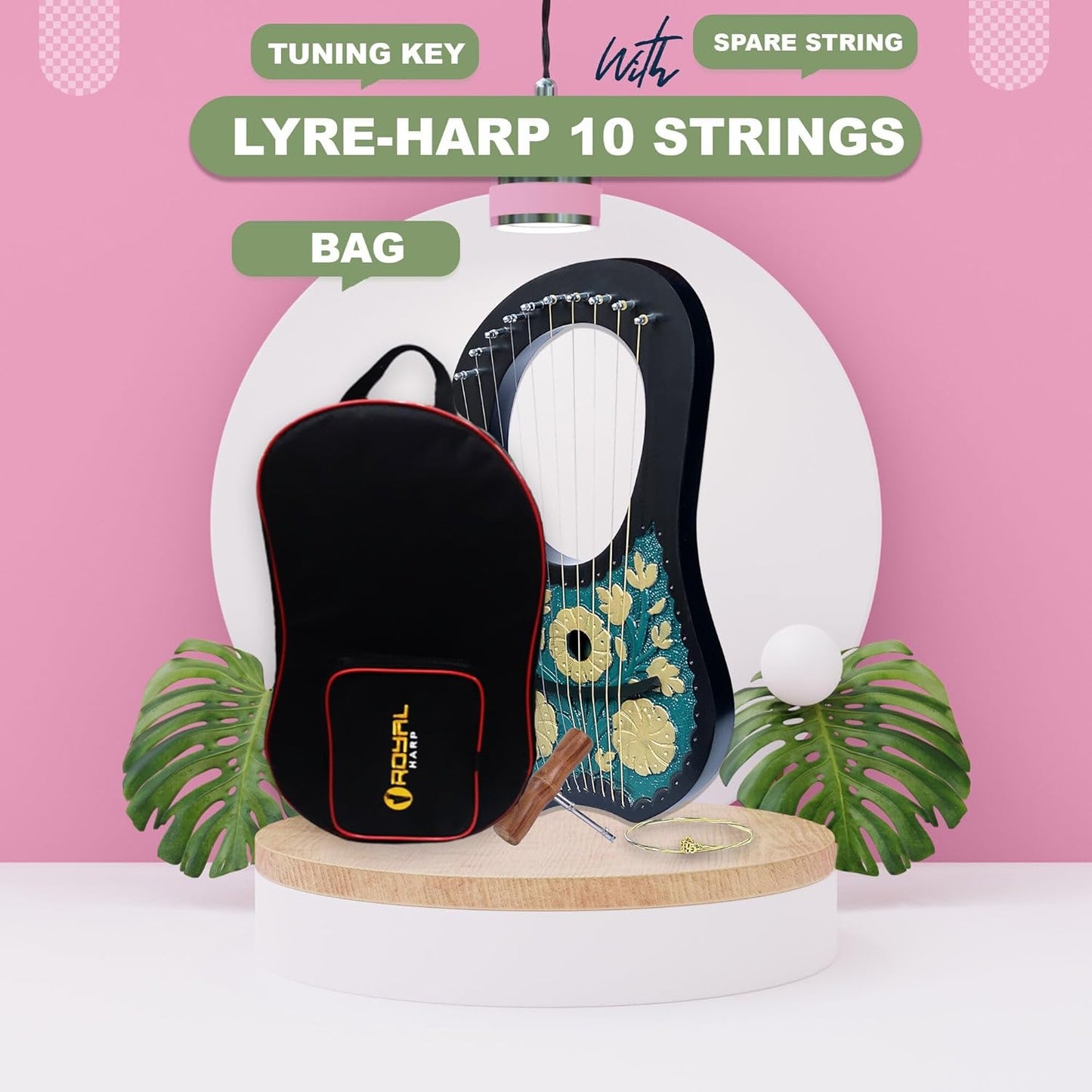 Lyre Harp 10 String Dark Turquoise - Gold Flowers Celtic Engraved w/ Tuner & Strings